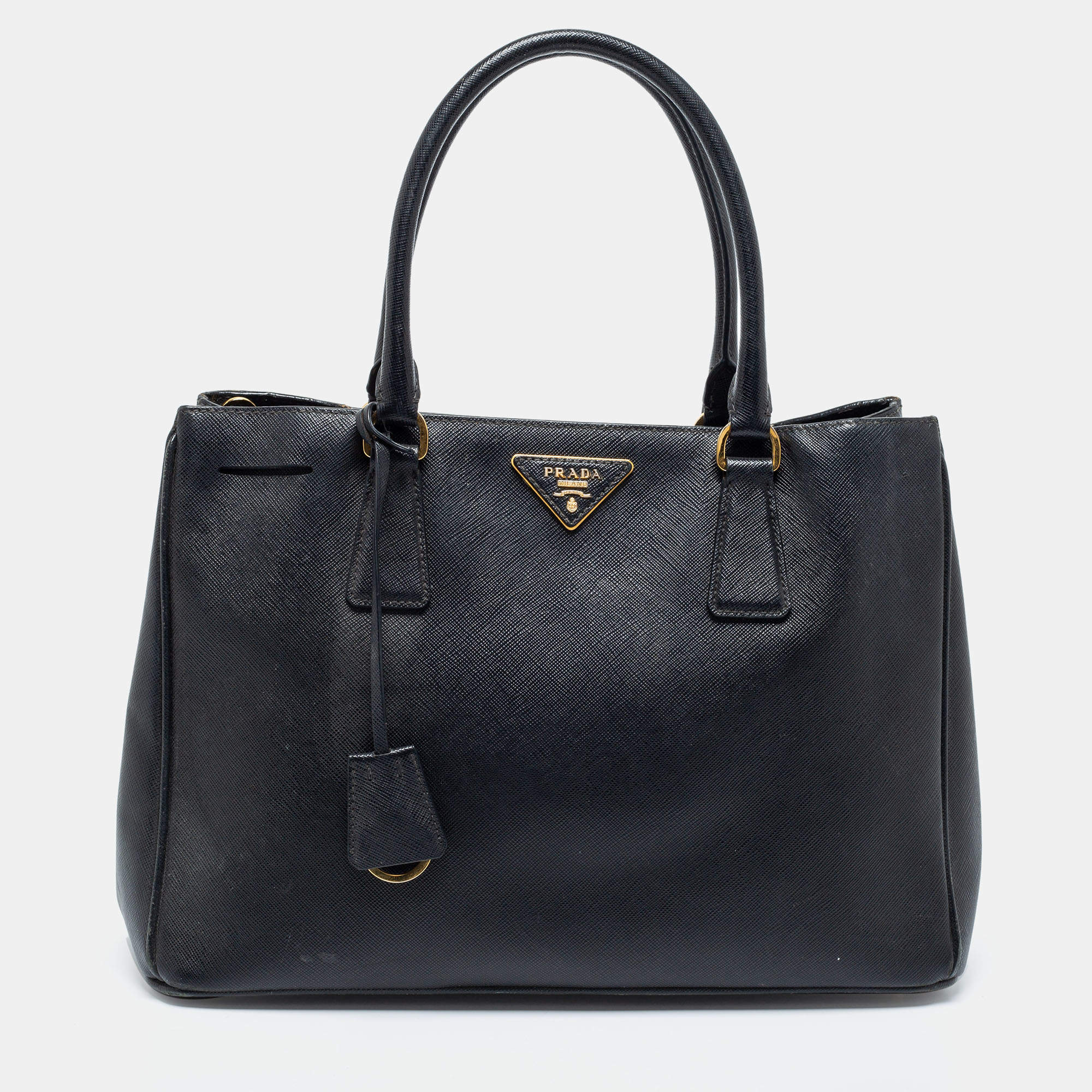 Pre Owned Prada Black Saffiano Lux Leather Small Middle Zip Tote