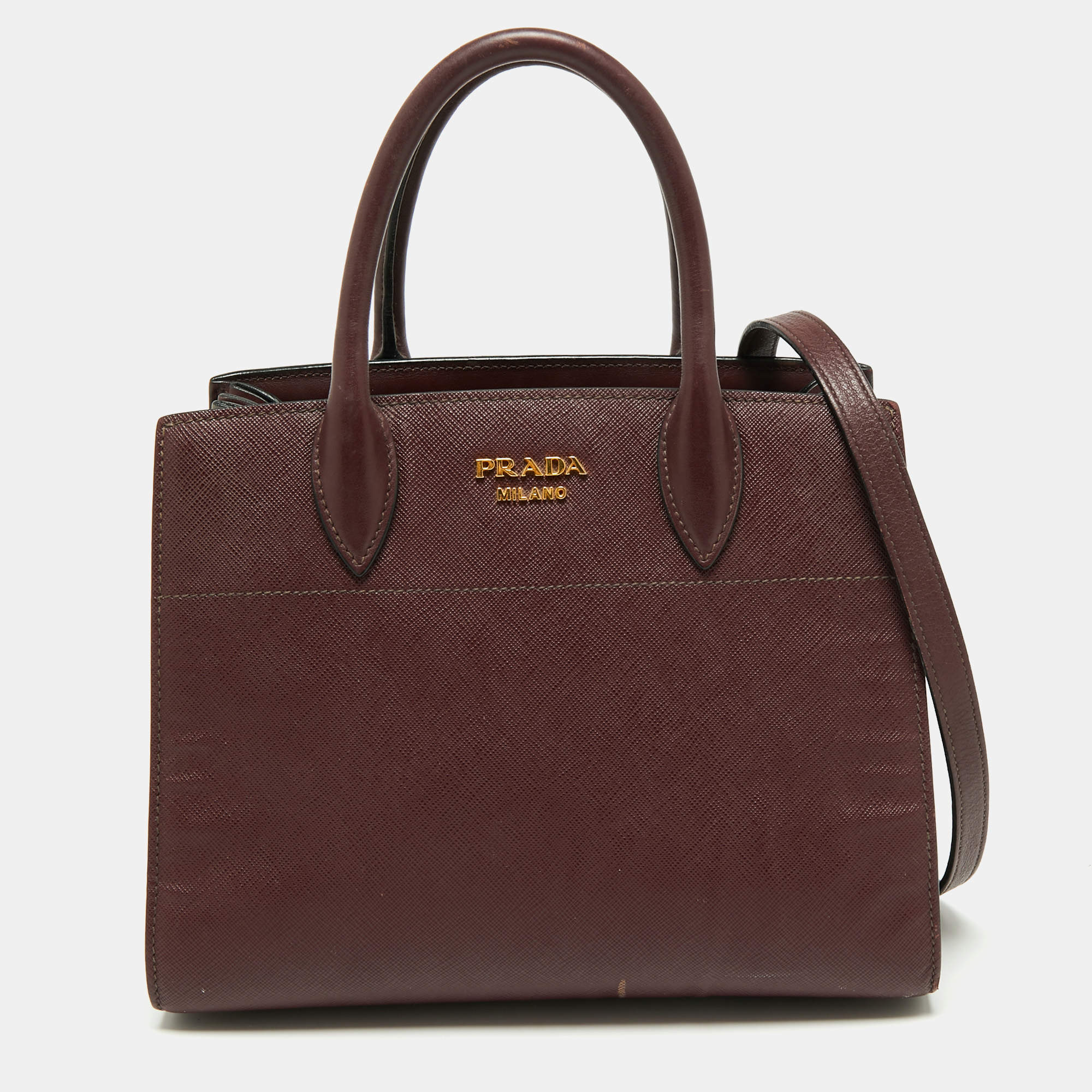 Pre Owned Prada Burgundy/Grey Saffiano Leather Bibliotheque Tote