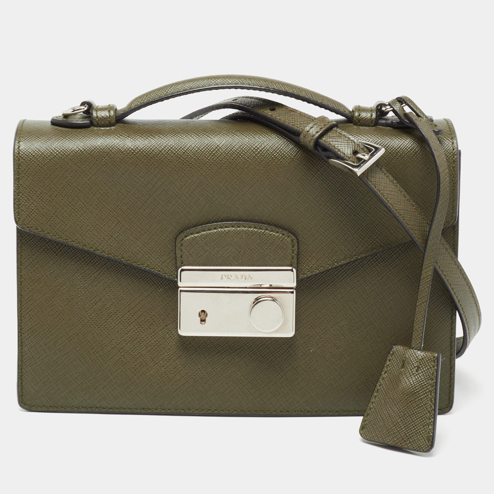 Pre Owned Prada Olive Green Saffiano Lux Leather Mini Sound Top Handle Bag
