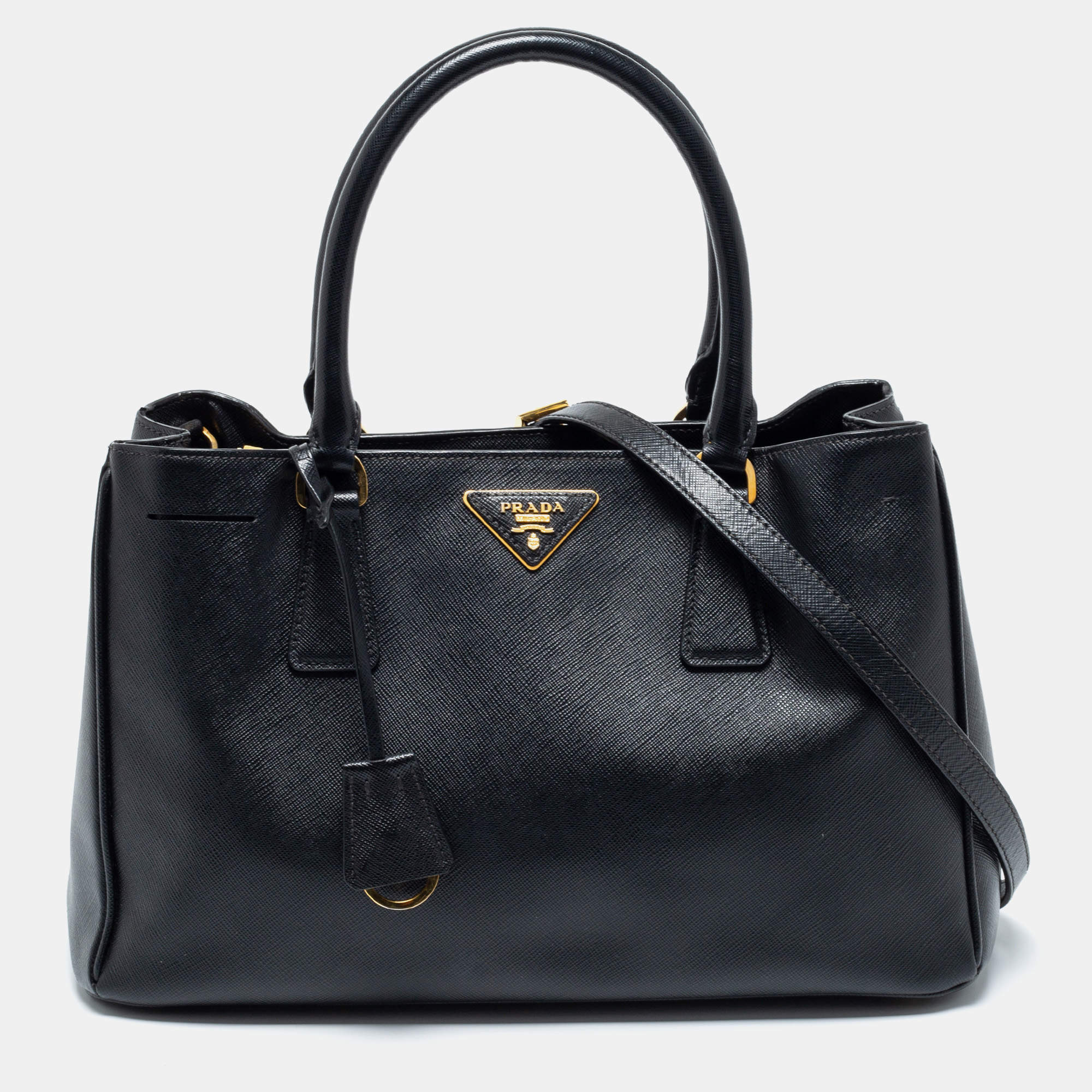 Pre Owned Prada Black Saffiano Lux Leather Small Middle Zip Tote