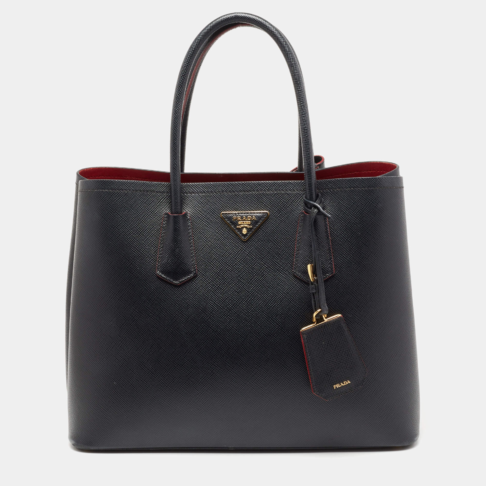 Pre Owned Prada Black Saffiano Cuir Leather Medium Double Handle Tote