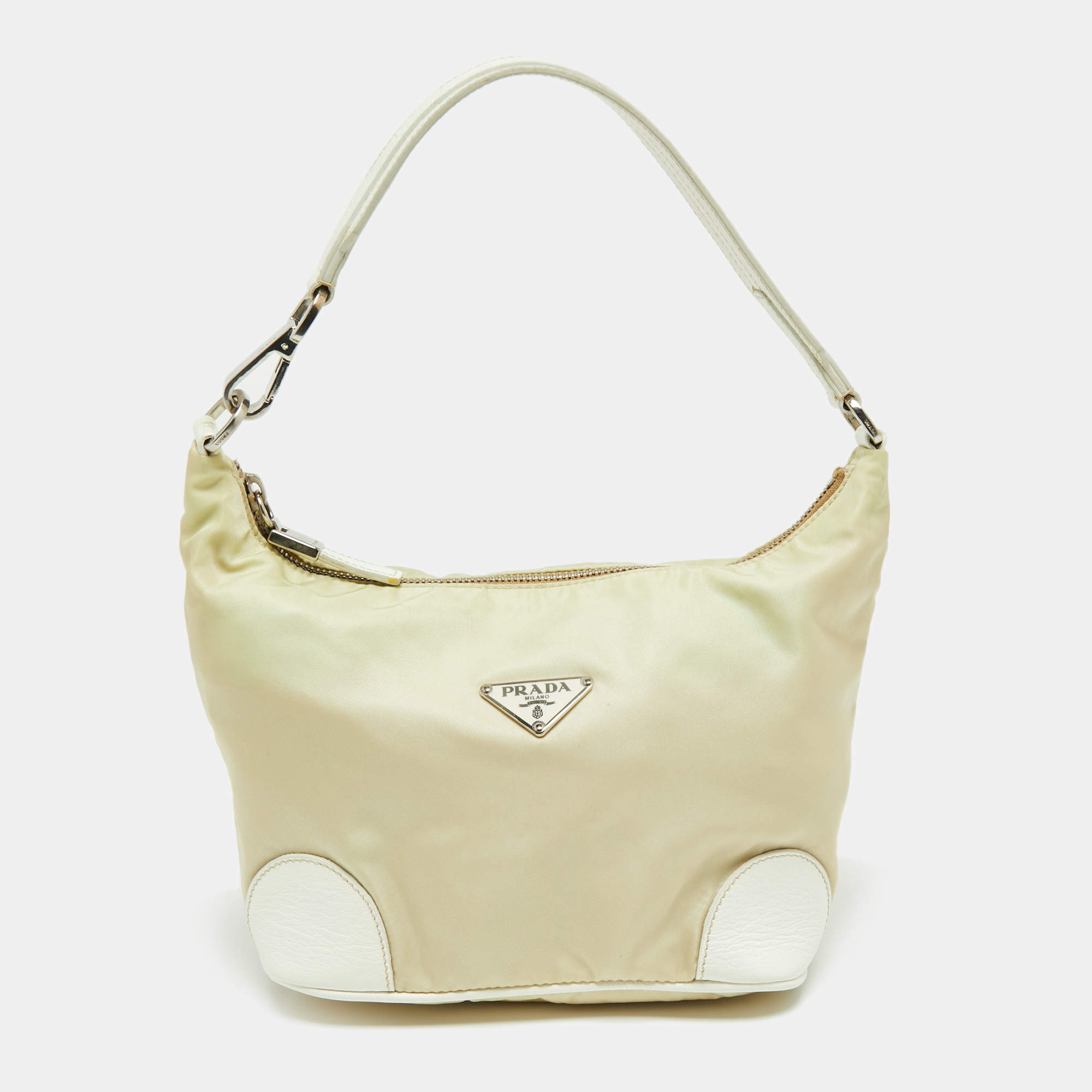 Pre Owned Prada Cream/White Nylon and Leather Baguette Bag
