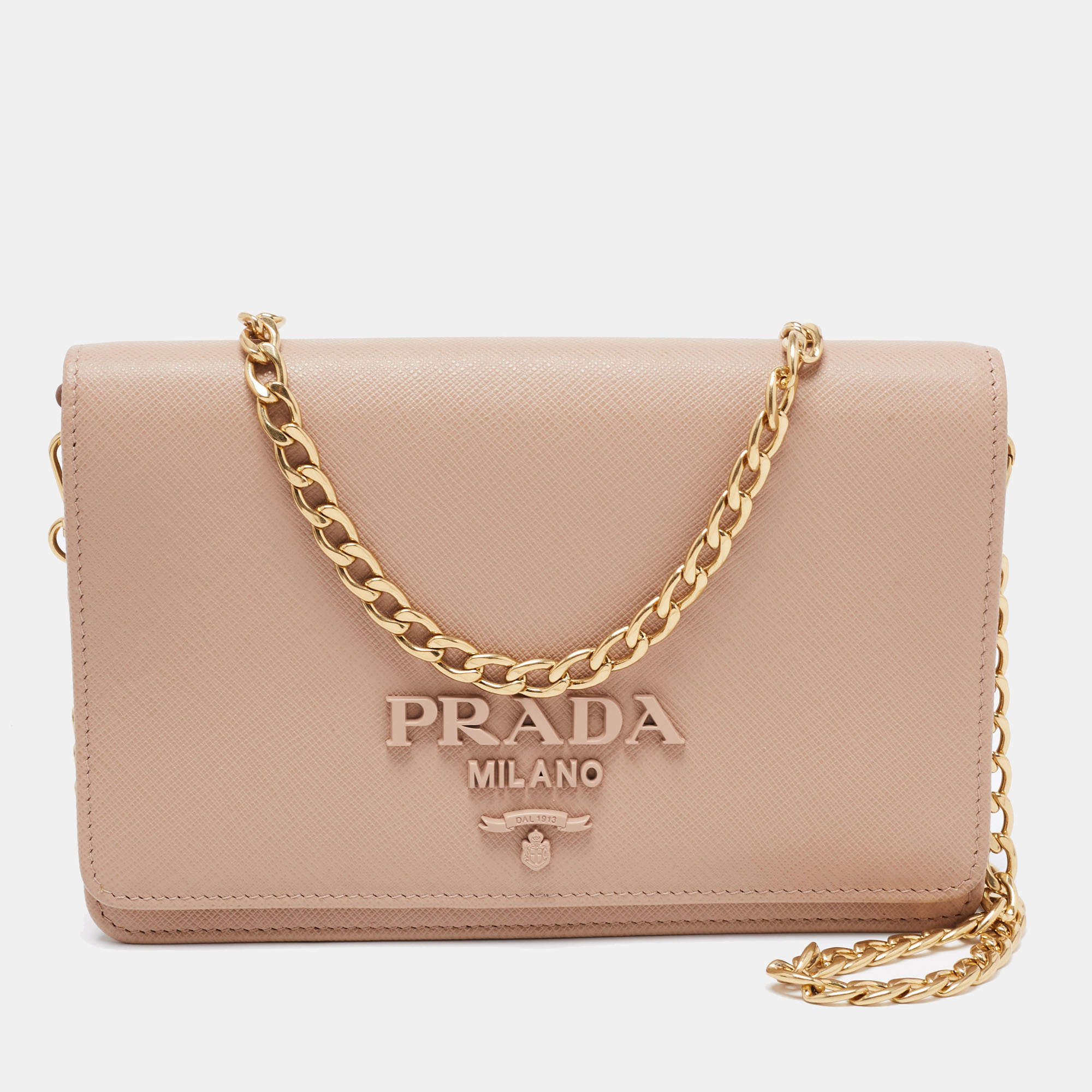 Pre Owned Prada Cipra Beige Saffiano Lux Leather Logo Flap Chain Clutch 
