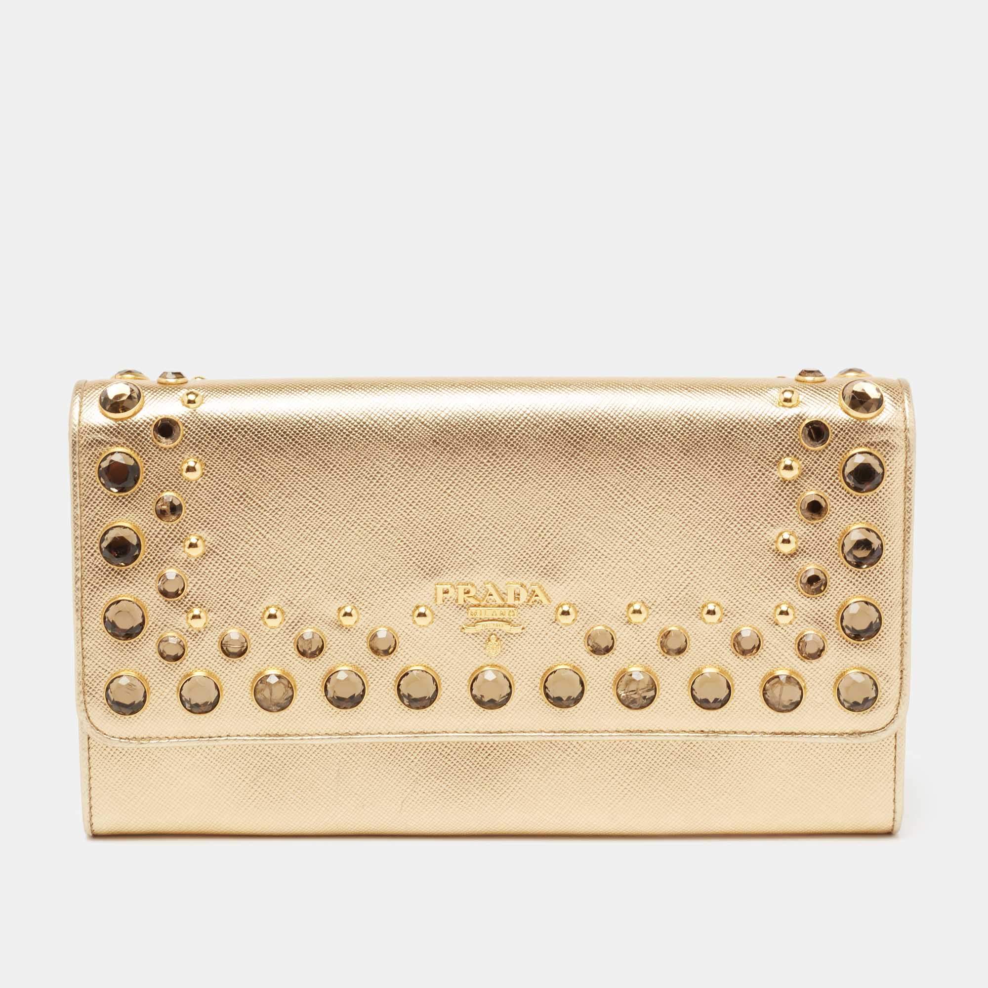 Pre Owned Prada Gold Saffiano Lux Leather Jeweled Studded Flap Continental Wallet