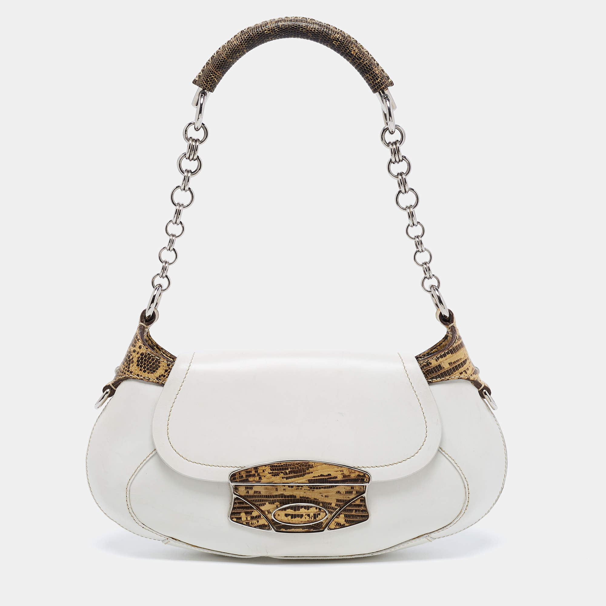 Prada White/Cream Leather and Lizard Flap Chain Hobo