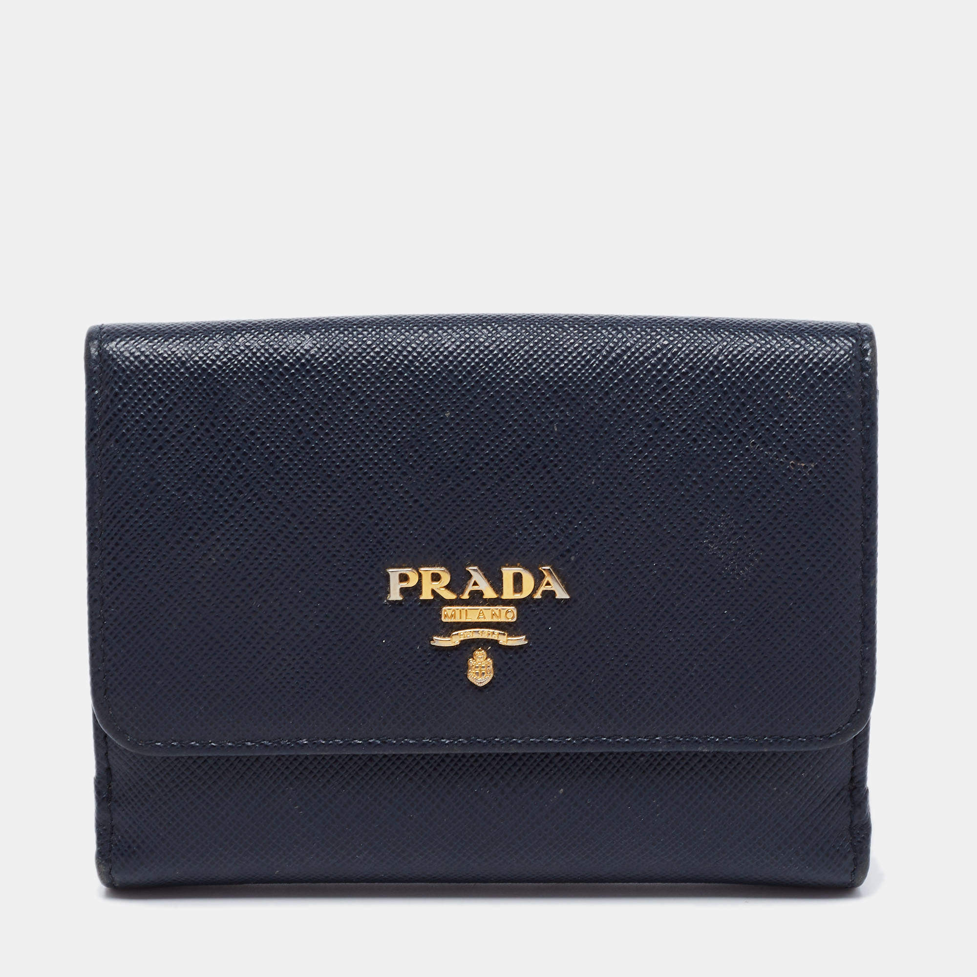 Pre Owned Prada Navy Blue Saffiano Metal Leather French Compact Wallet