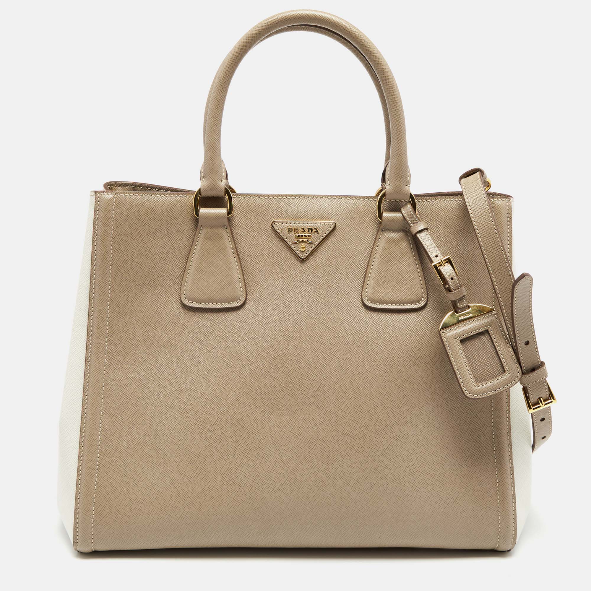 Pre Owned Prada Beige/White Saffiano Lux Leather Tote