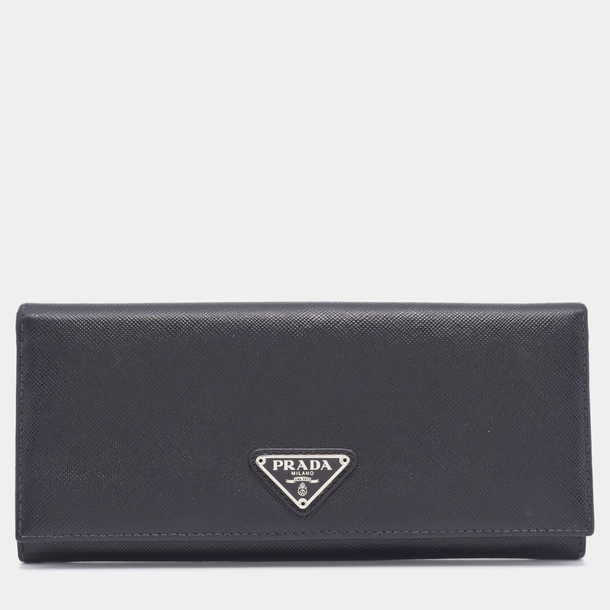 Pre Owned Prada Black Saffiano Leather Flap Continental Wallet