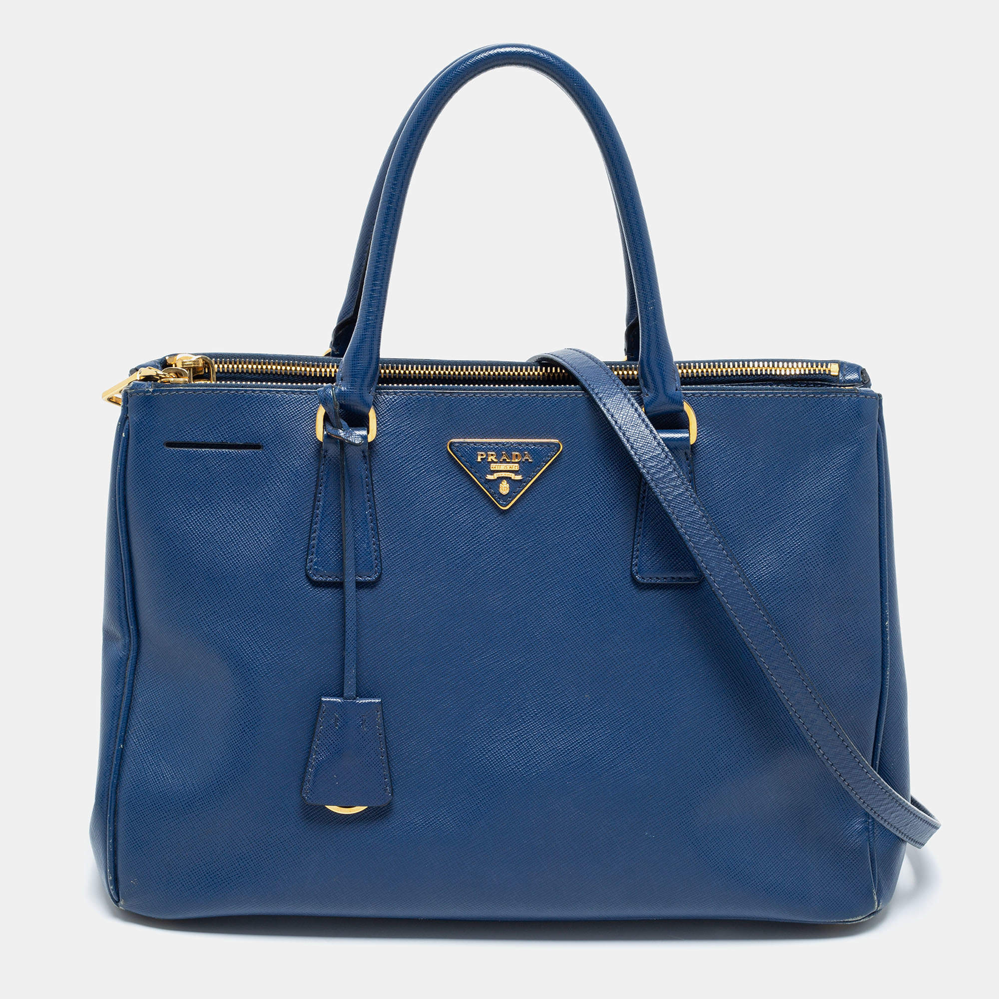 Pre Owned Prada Blue Saffiano Lux Leather Medium Double Zip Tote