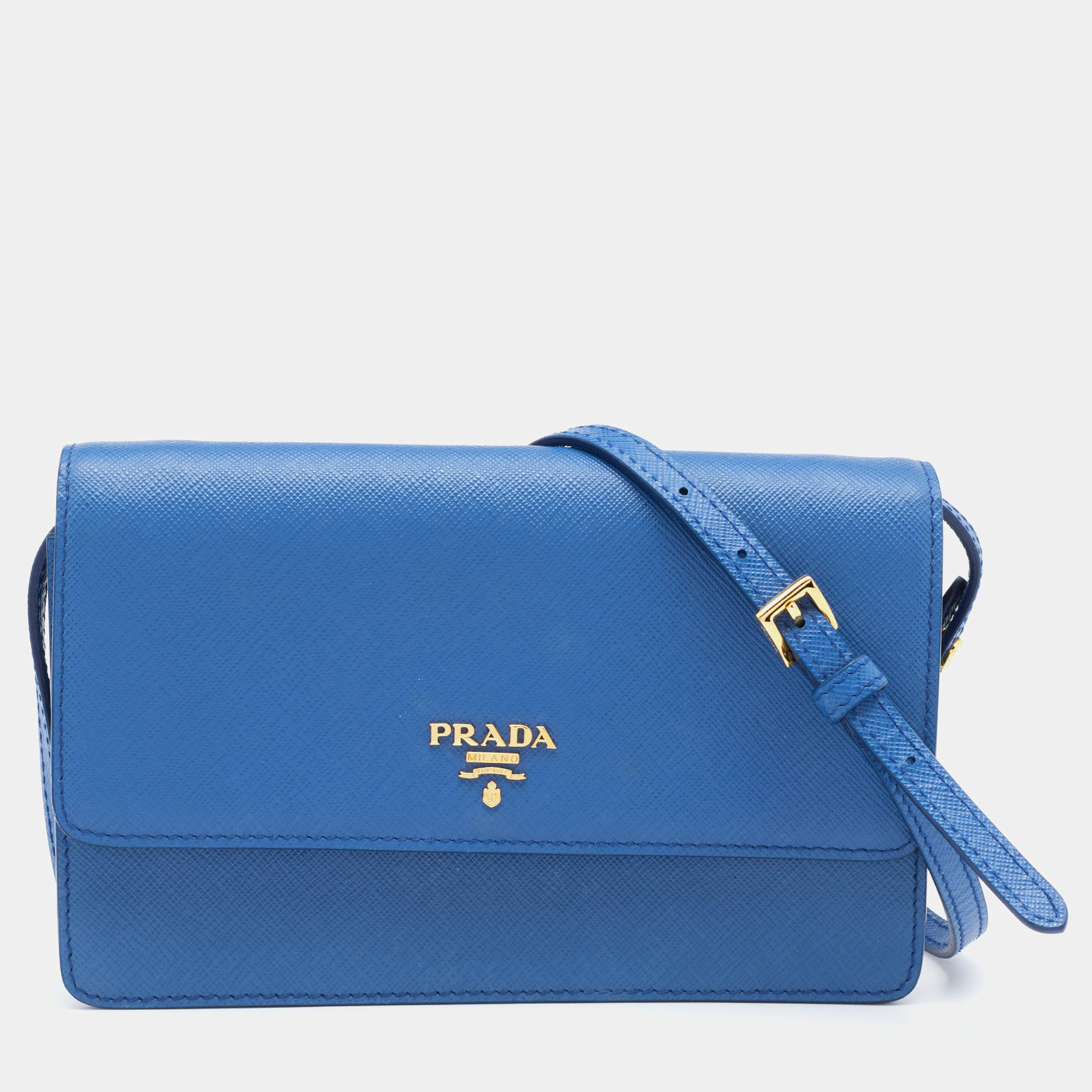 Pre Owned Prada Blue Saffiano Leather Wallet On Strap