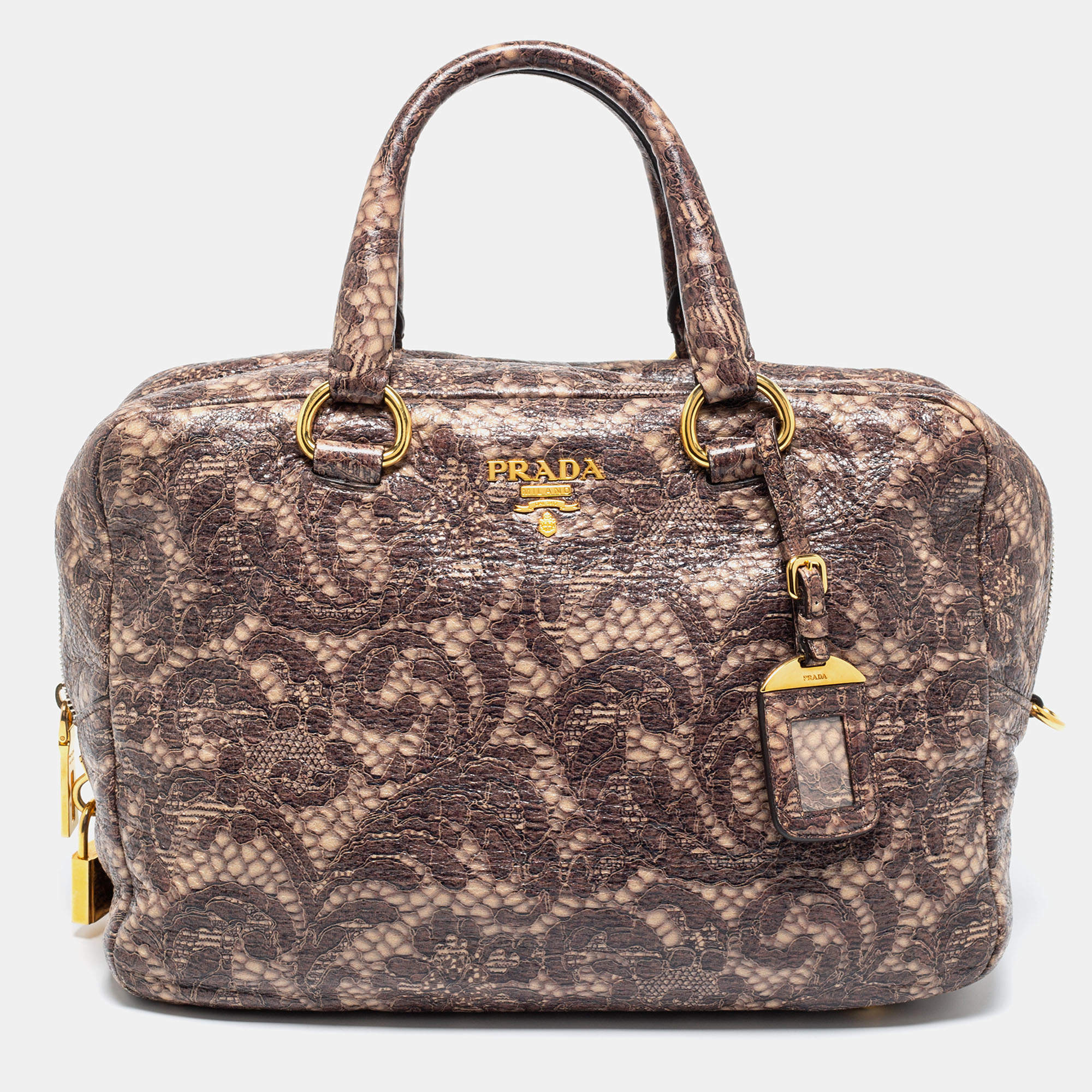 Pre Owned Prada Beige/Brown Talco Lace Print Cervo Leather Bowler Bag