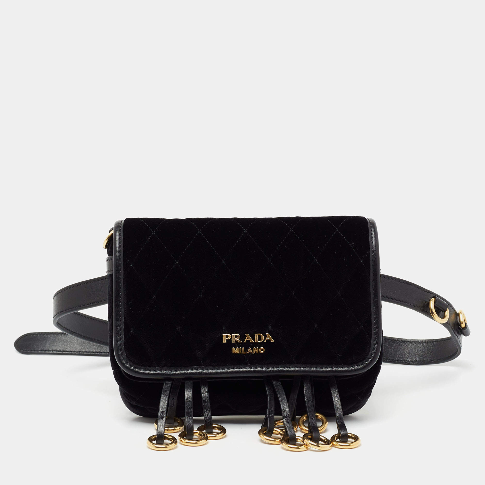 Pre Owned Prada Black Velvet and Leather Corsaire Chain Belt Bag  