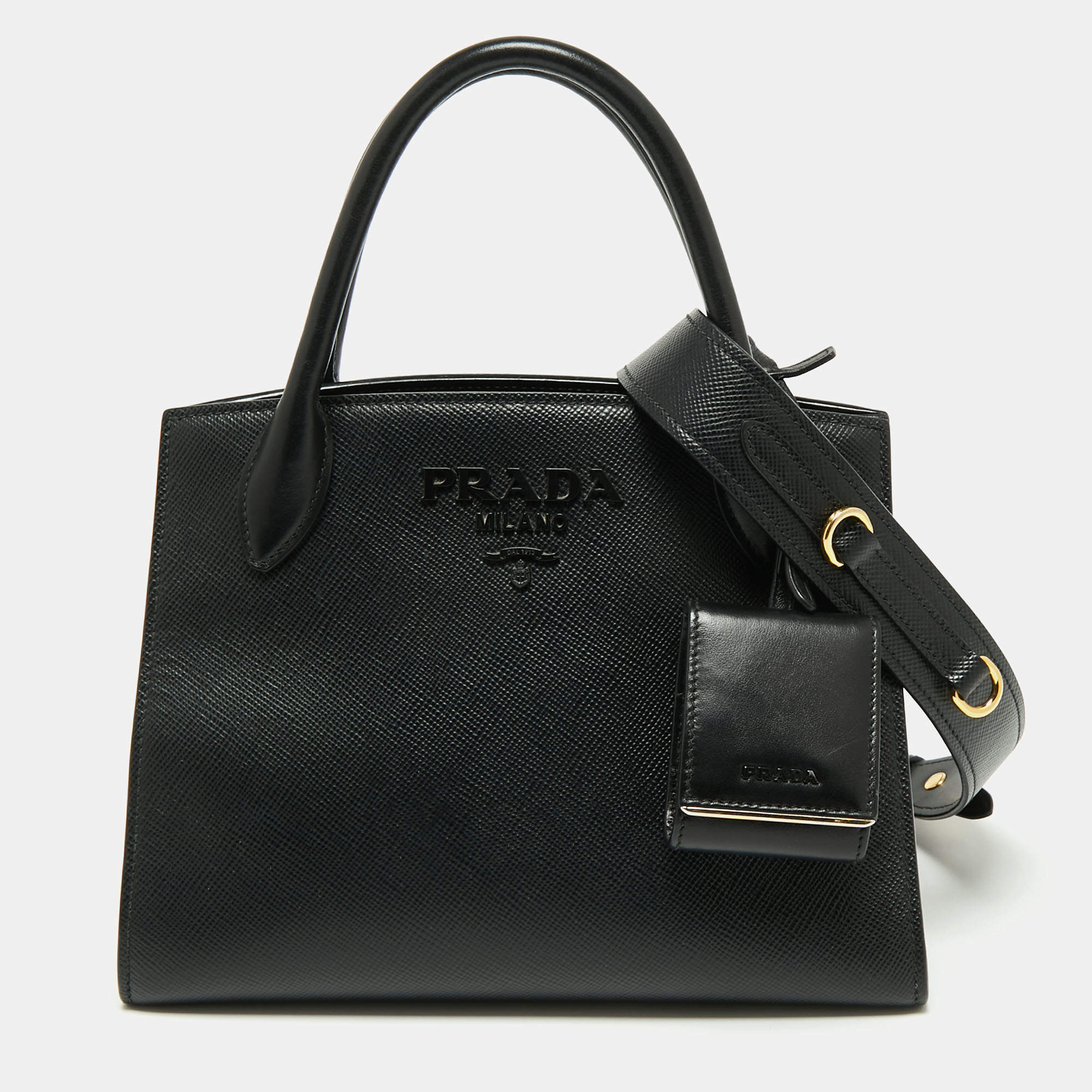Pre Owned Prada Black Saffiano Cuir Leather Small Monochrome Tote