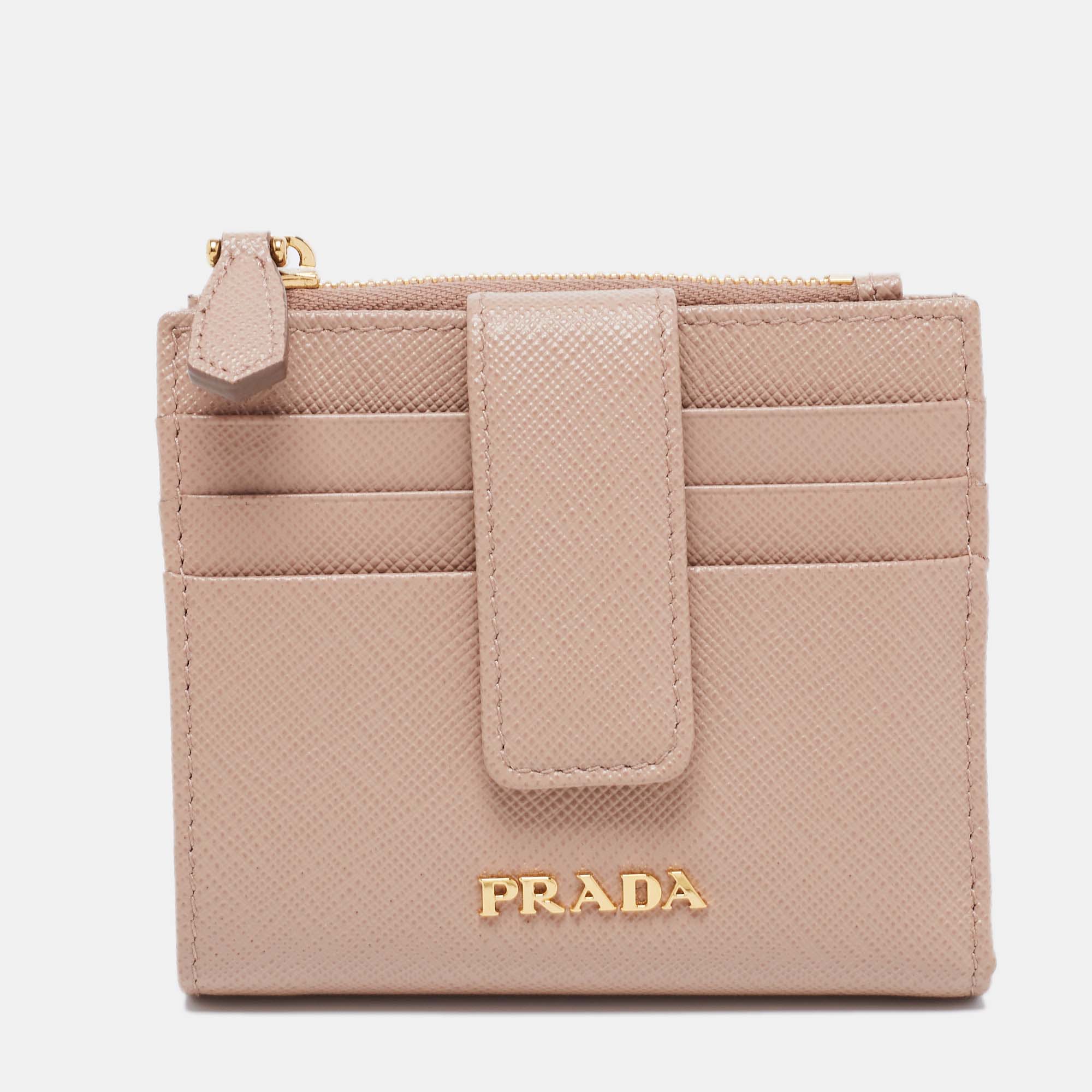 Pre Owned Prada Beige Saffiano Leather Compact Wallet