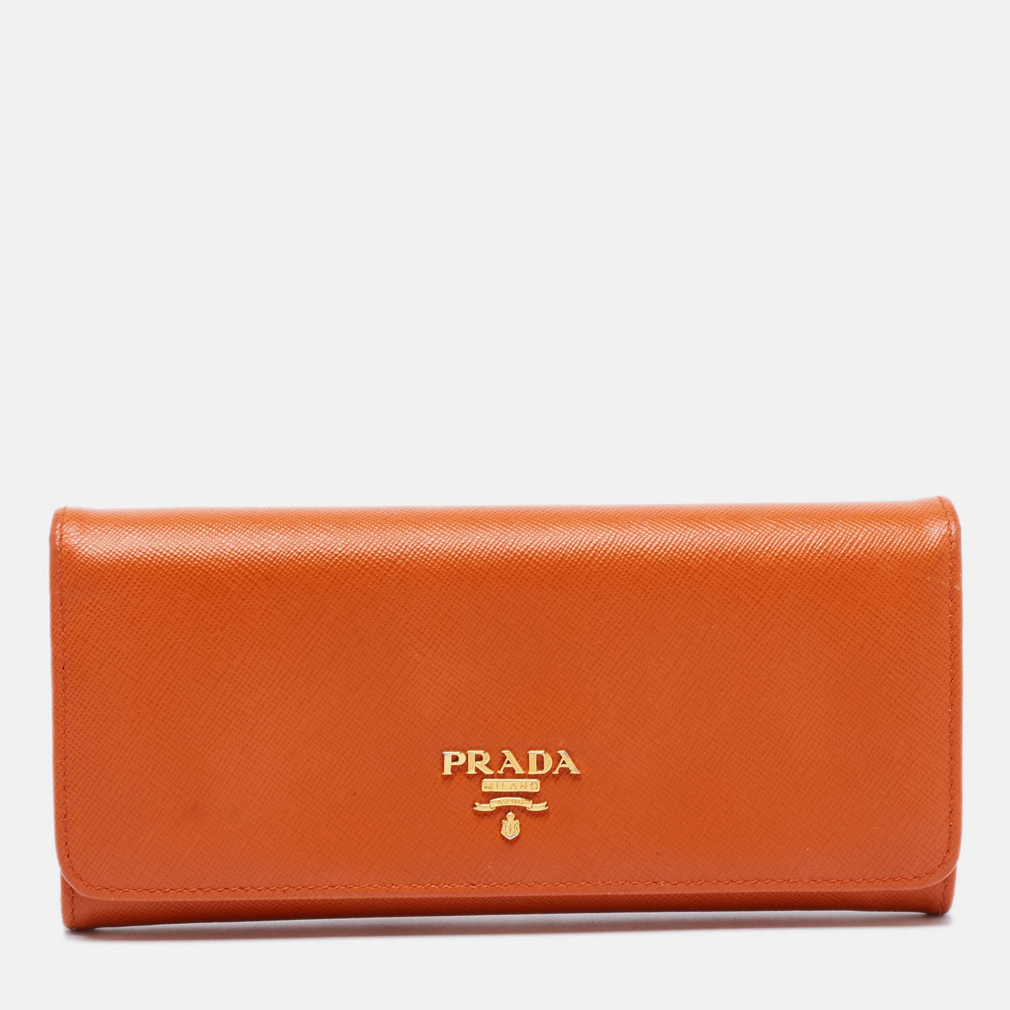 Pre Owned Prada Orange Saffiano Metal Leather Flap Continental Wallet