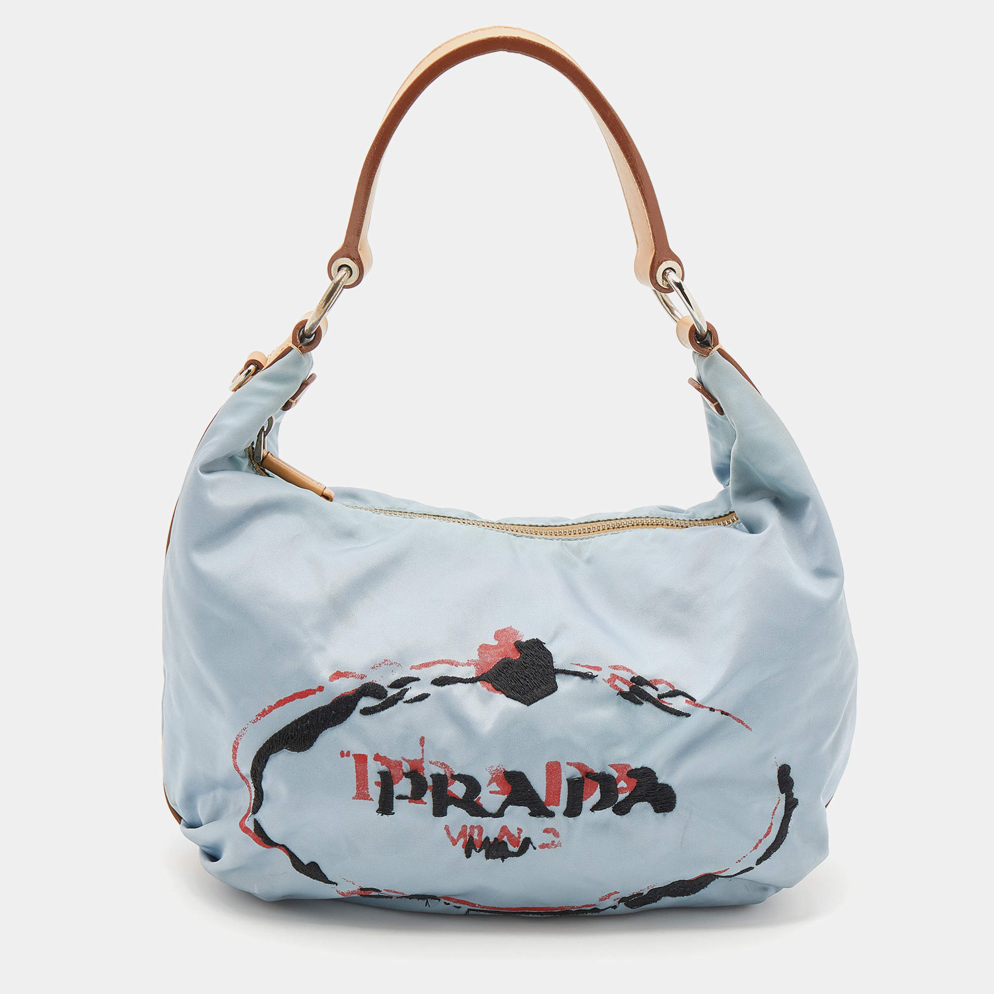 Pre Owned Prada Blue Tessuto Nylon Stencil Hobo