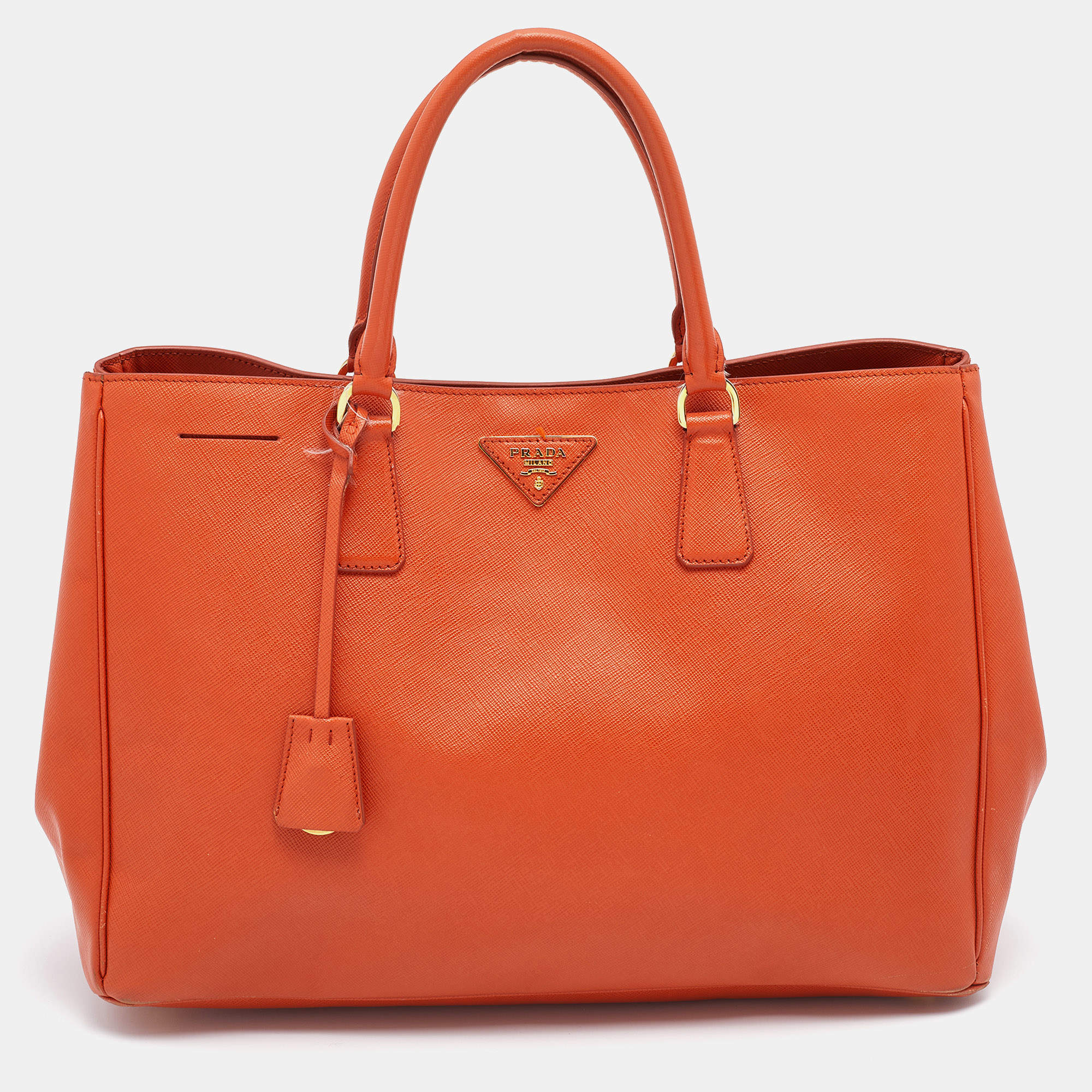 Pre Owned Prada Orange Saffiano Lux Leather Large Gardener's Tote