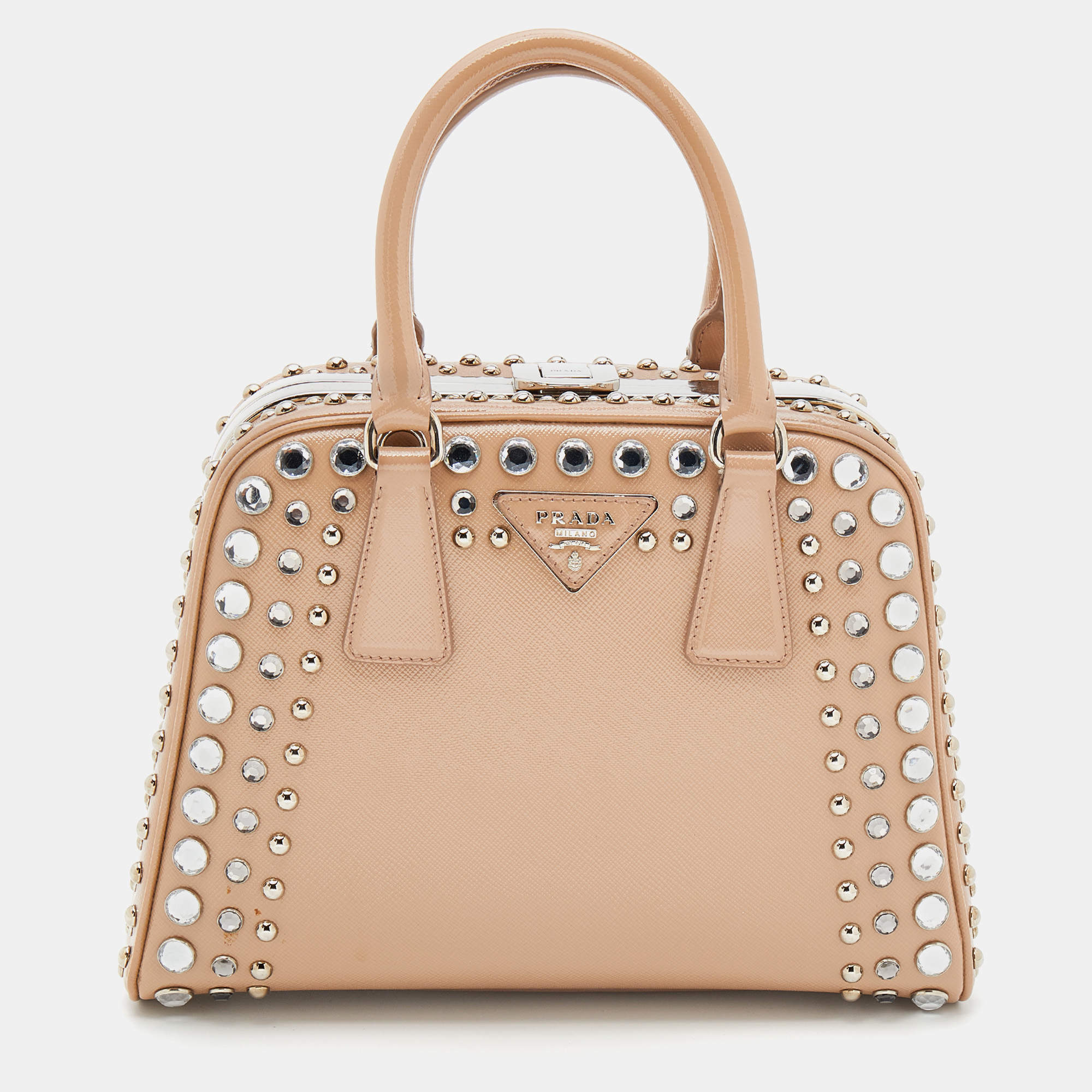 Pre Owned Prada Beige Saffiano Vernice Leather Small Crystal Embellished Pyramid Frame Satchel
