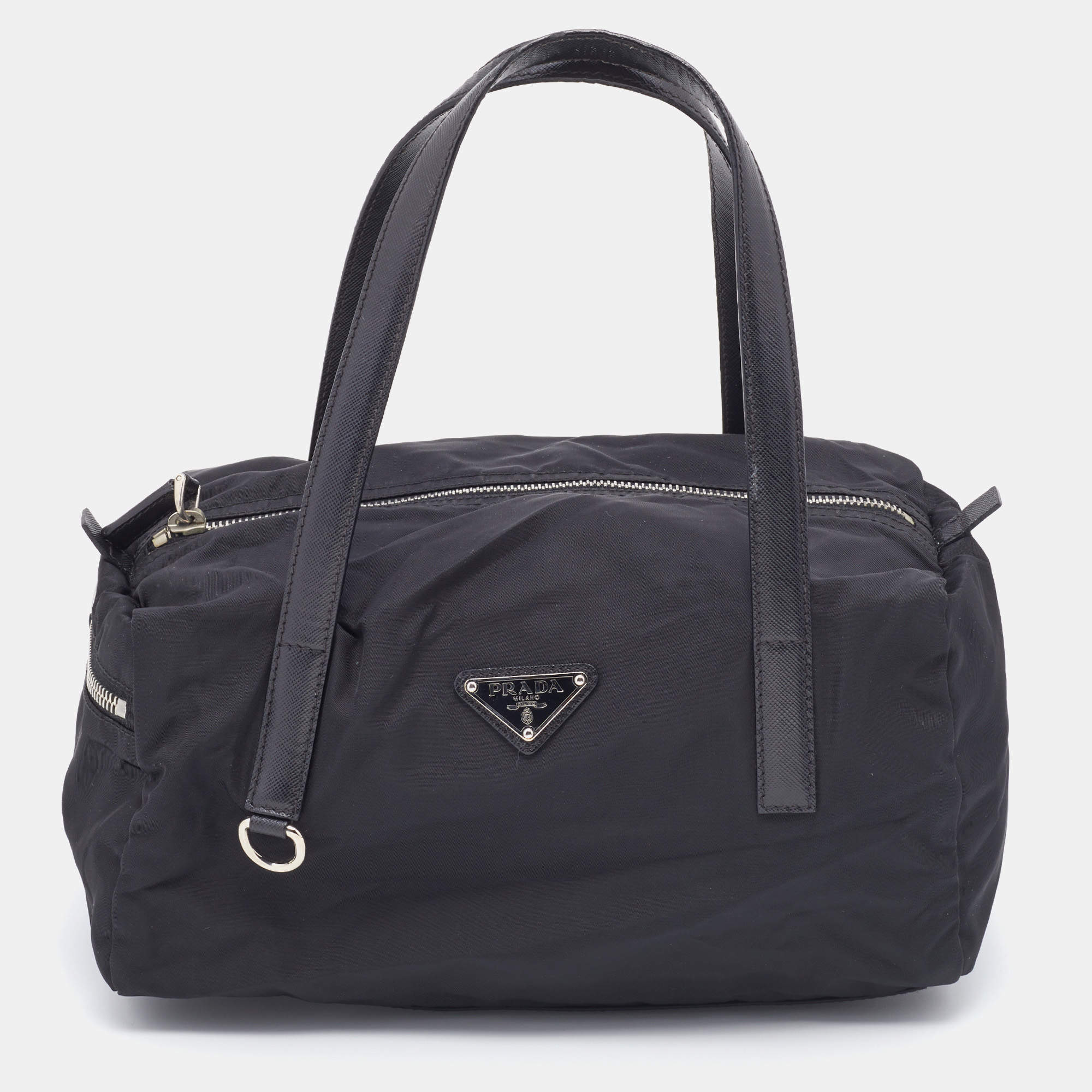 Pre Owned Prada Black Saffiano Leather And Nylon Duffel Bag