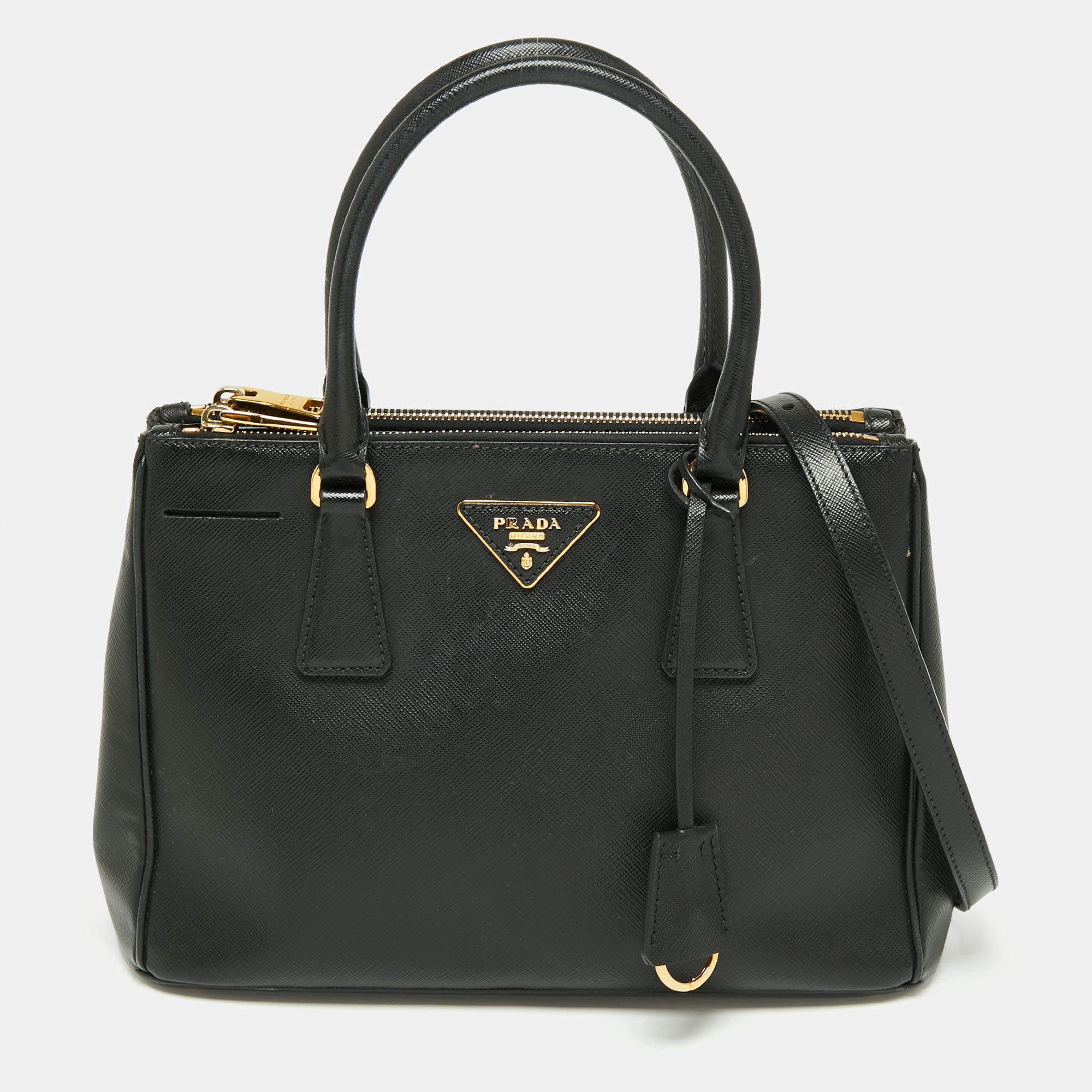 Pre Owned Prada Black Saffiano Lux Leather Small Double Zip Tote