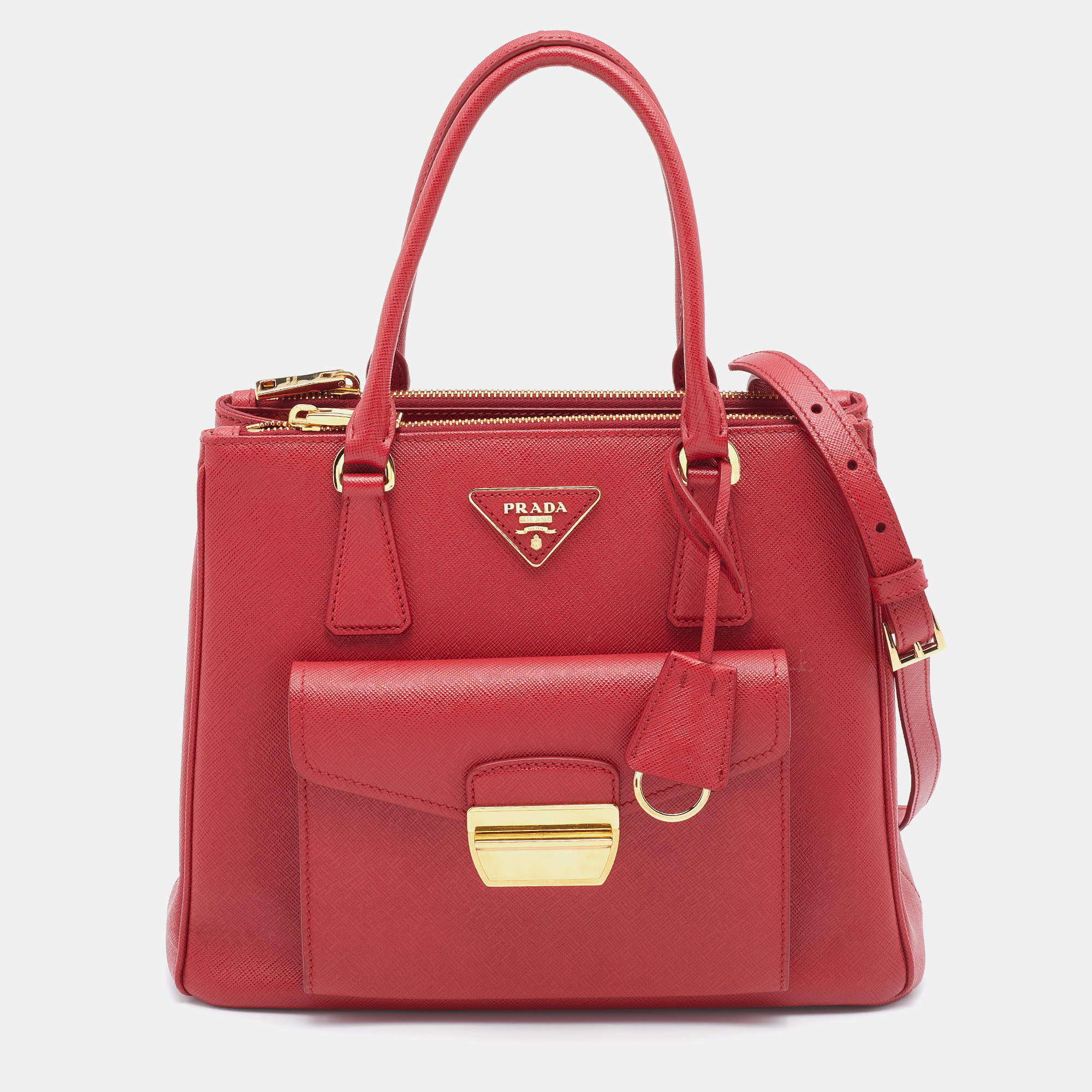 Pre Owned Prada Red Saffiano Lux Leather Small Front Pocket Double Zip Tote
