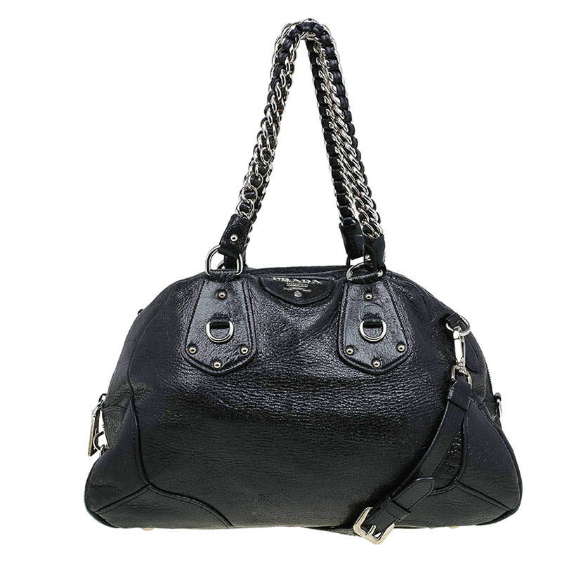 Pre Owned Prada Black Cervo Lux Leather Chain Bowling Bag