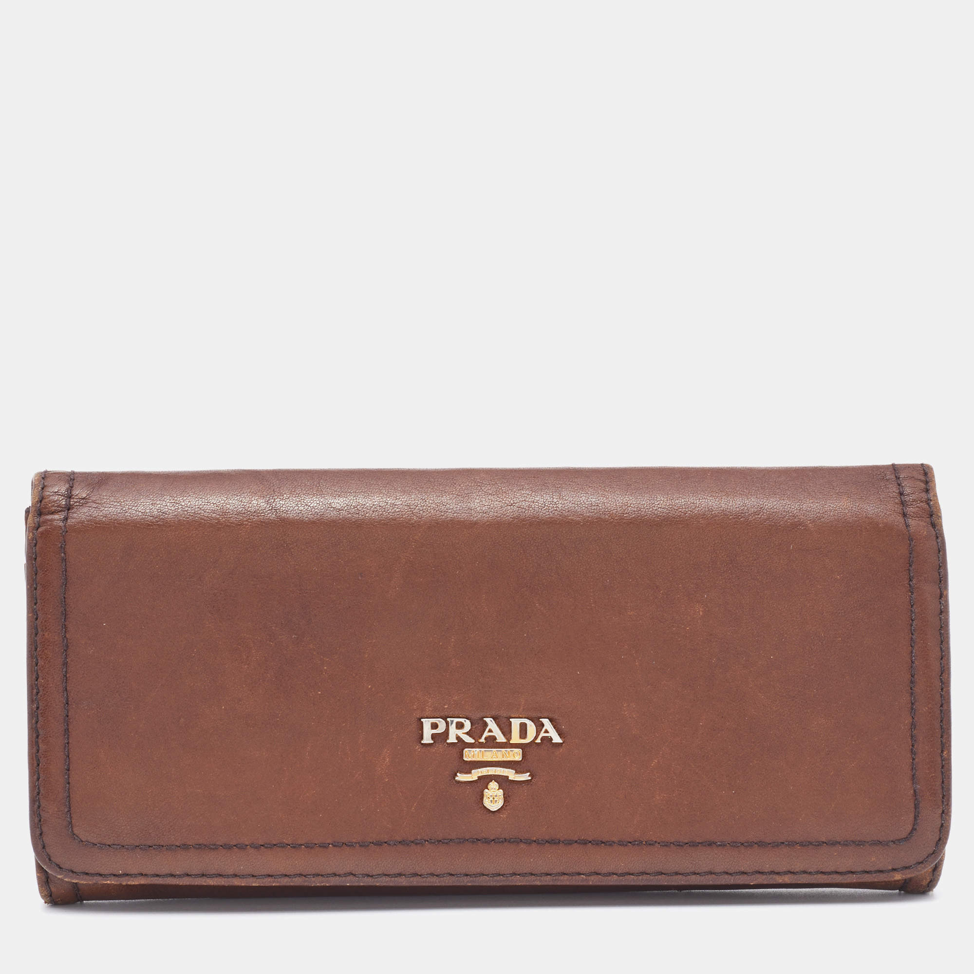 Pre Owned Prada Brown Leather Flap Continental Wallet