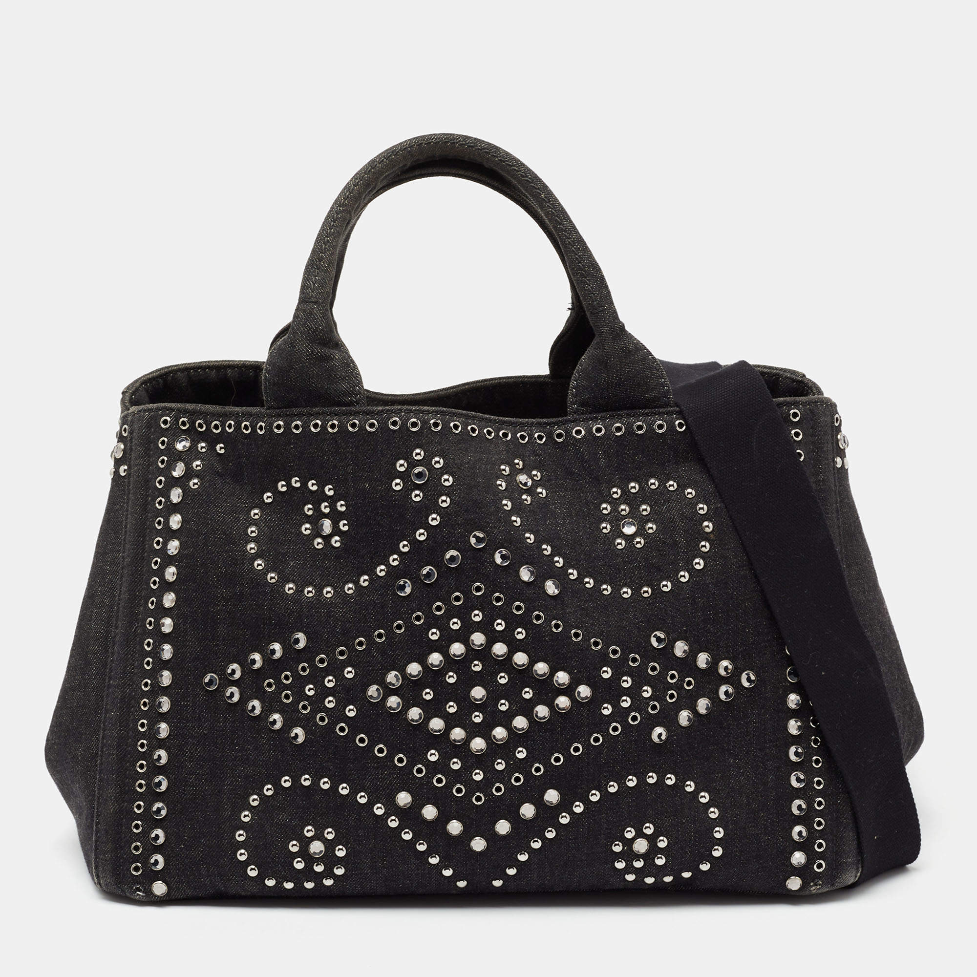 Pre Owned Prada Black Denim Crystal Studded Tote