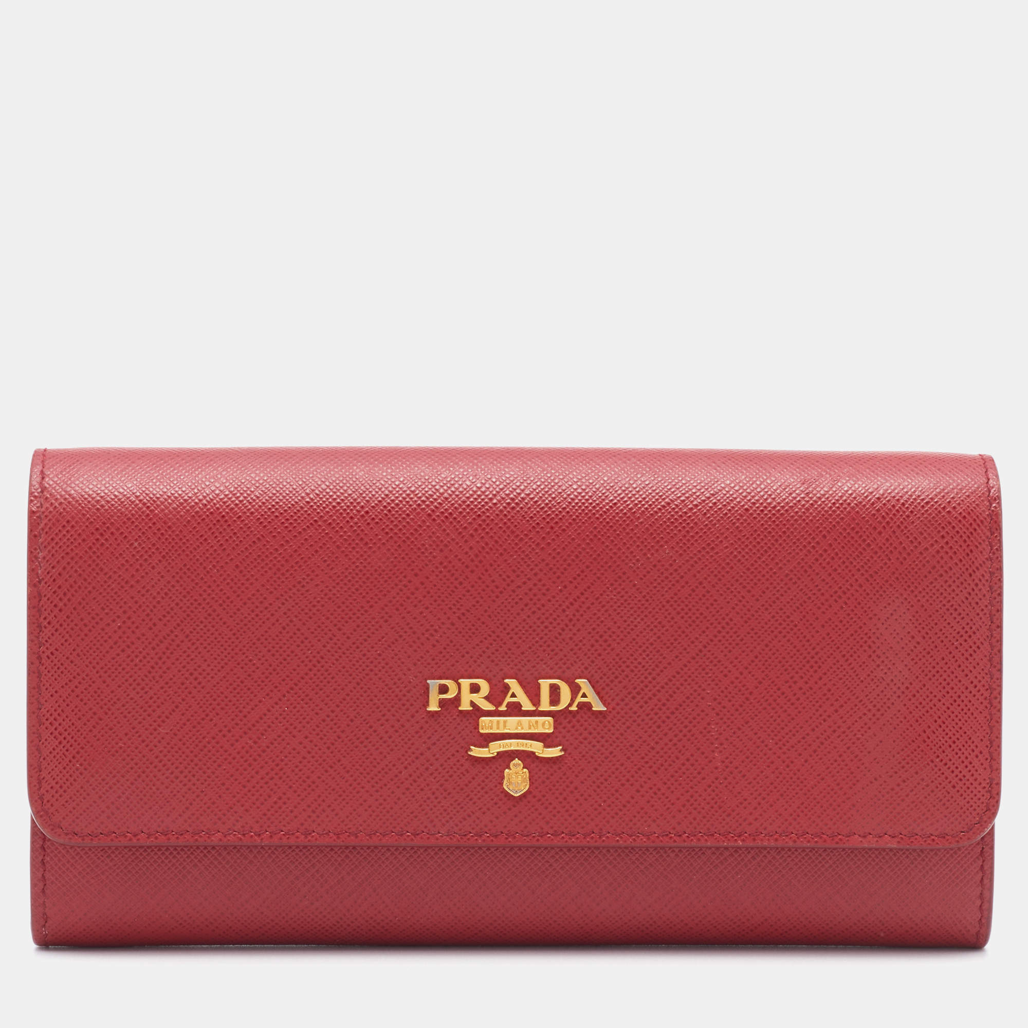 Pre Owned Prada Red Saffiano Leather Flap Continental Wallet