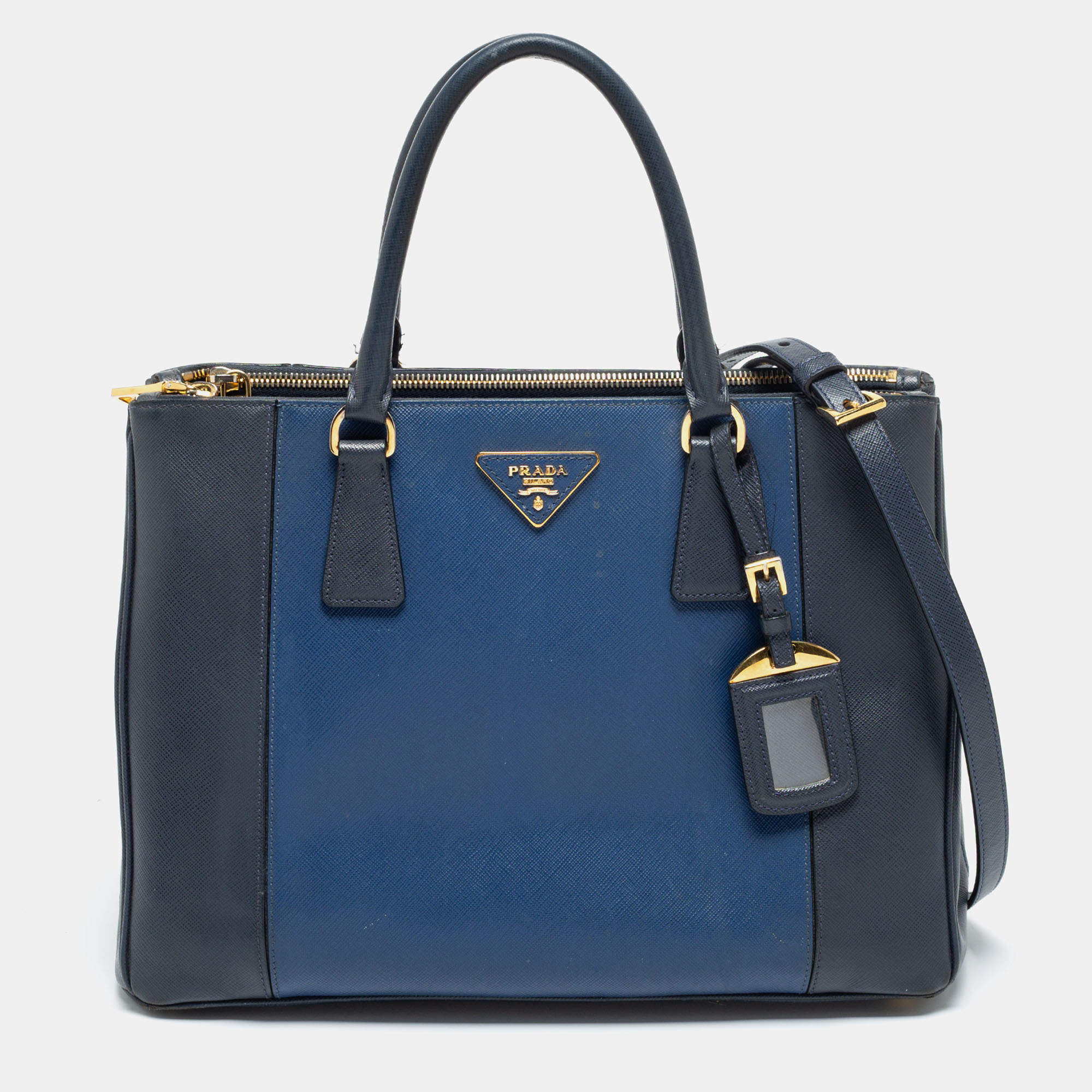 Pre Owned Prada Two Tone Blue Saffiano Lux Leather Medium Double Zip Tote