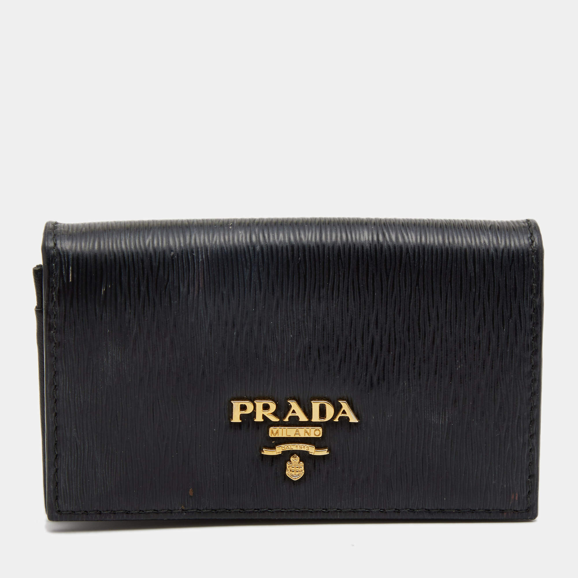 Pre Owned Prada Black Move Leather Logo Flap Card Case