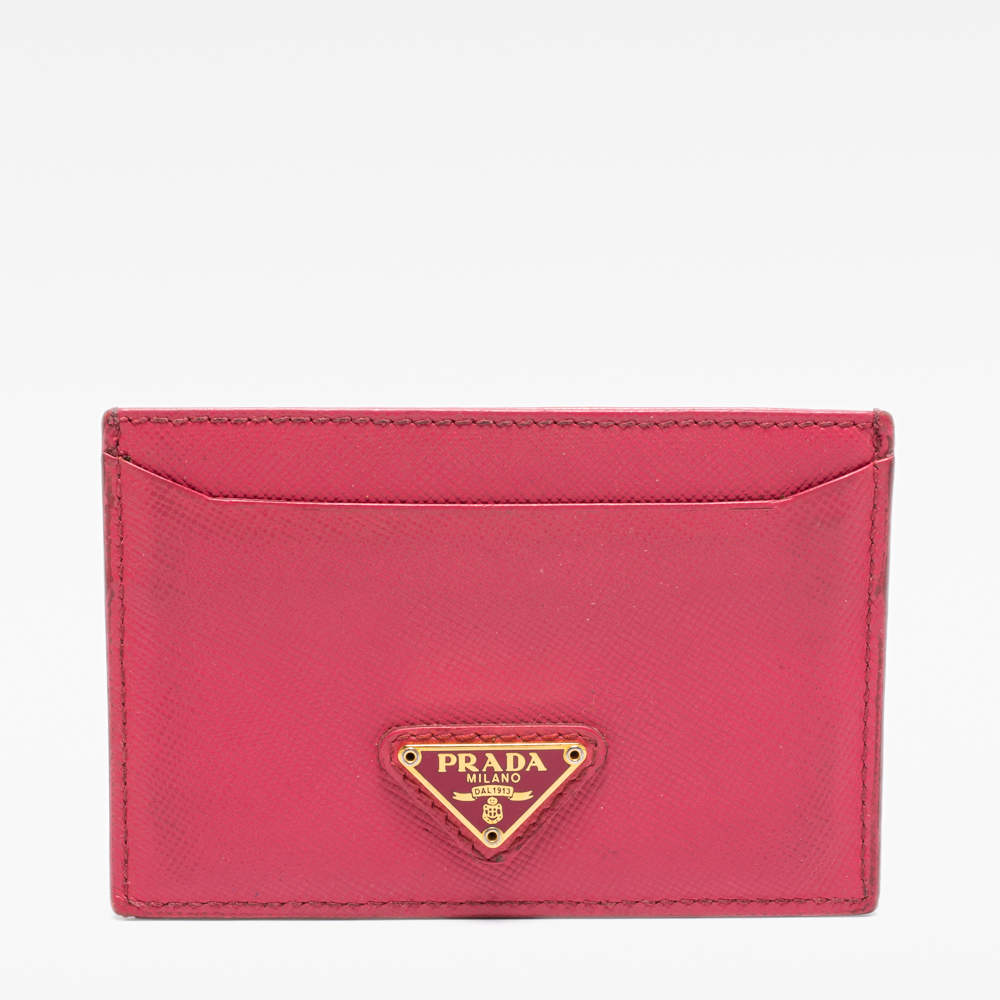 Pre Owned Prada Pink Saffiano Metal Leather Logo Card Holder