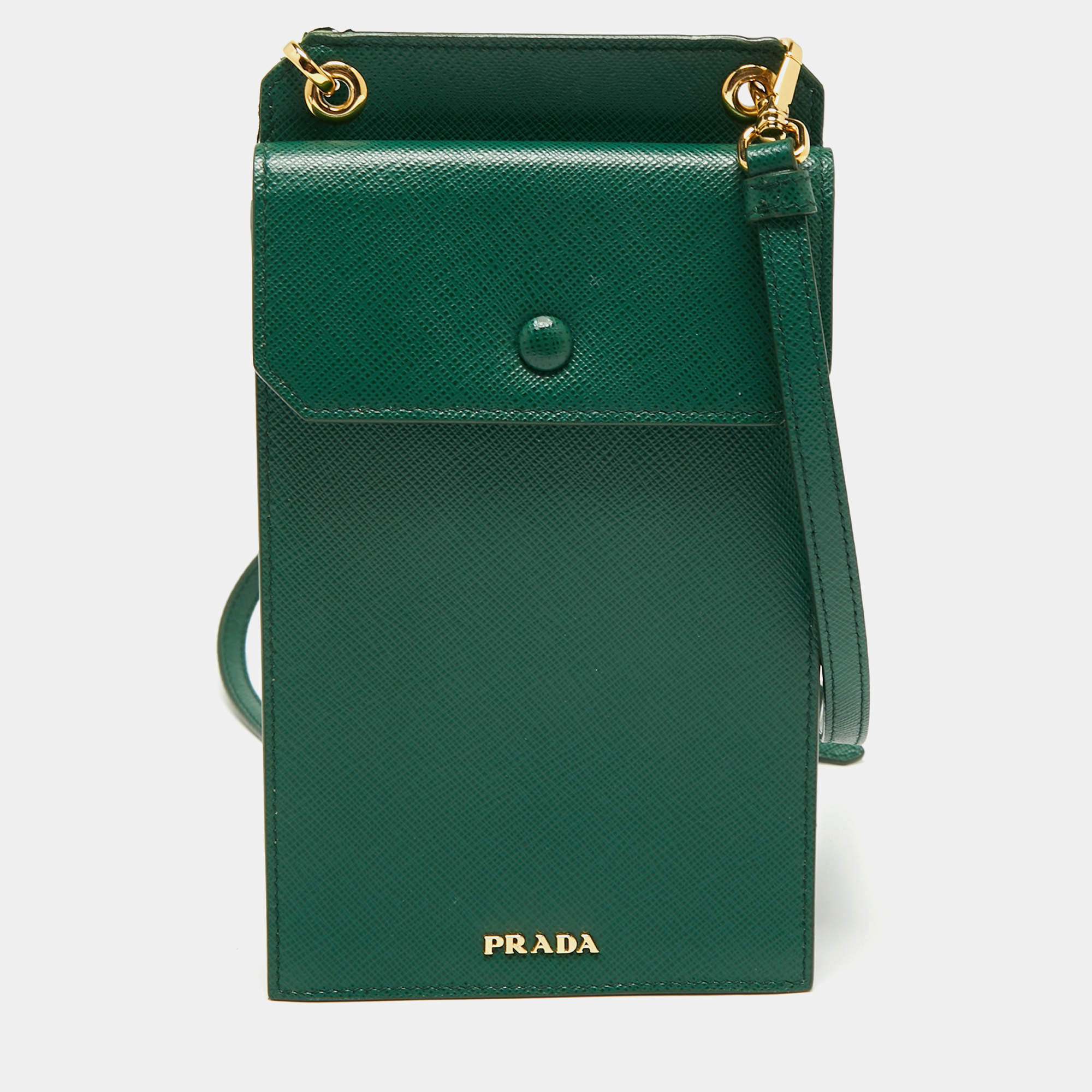 Pre Owned Prada Green Saffiano Lux Leather Phone Holder Crossbody Bag