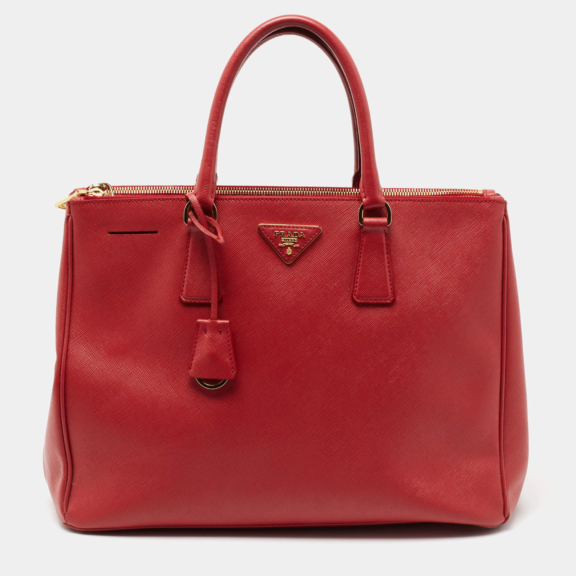 Pre Owned Prada Red Saffiano Lux Leather Large Double Zip Tote