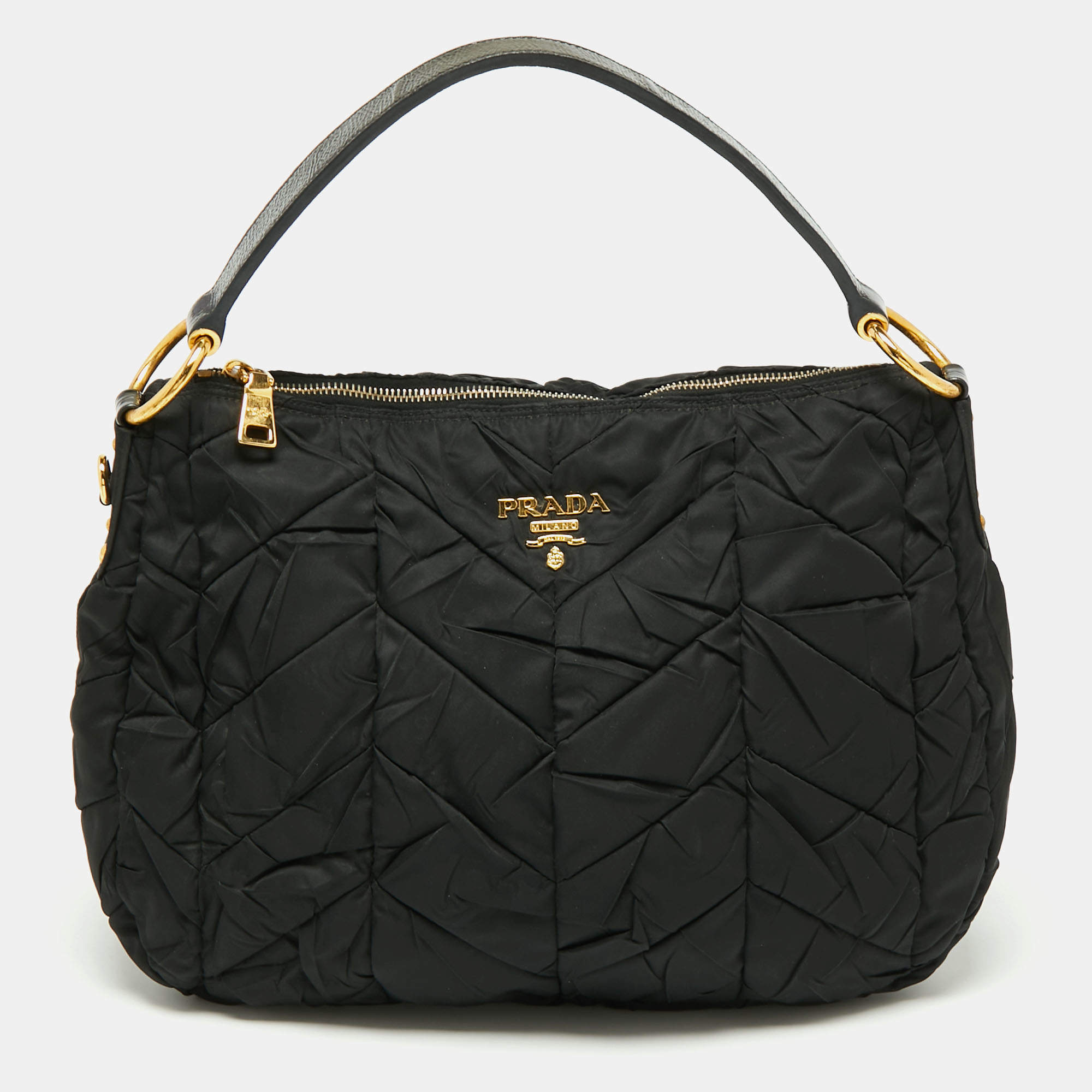Pre Owned Prada Black Quilted Nylon Tessuto And Patent Leather Hobo