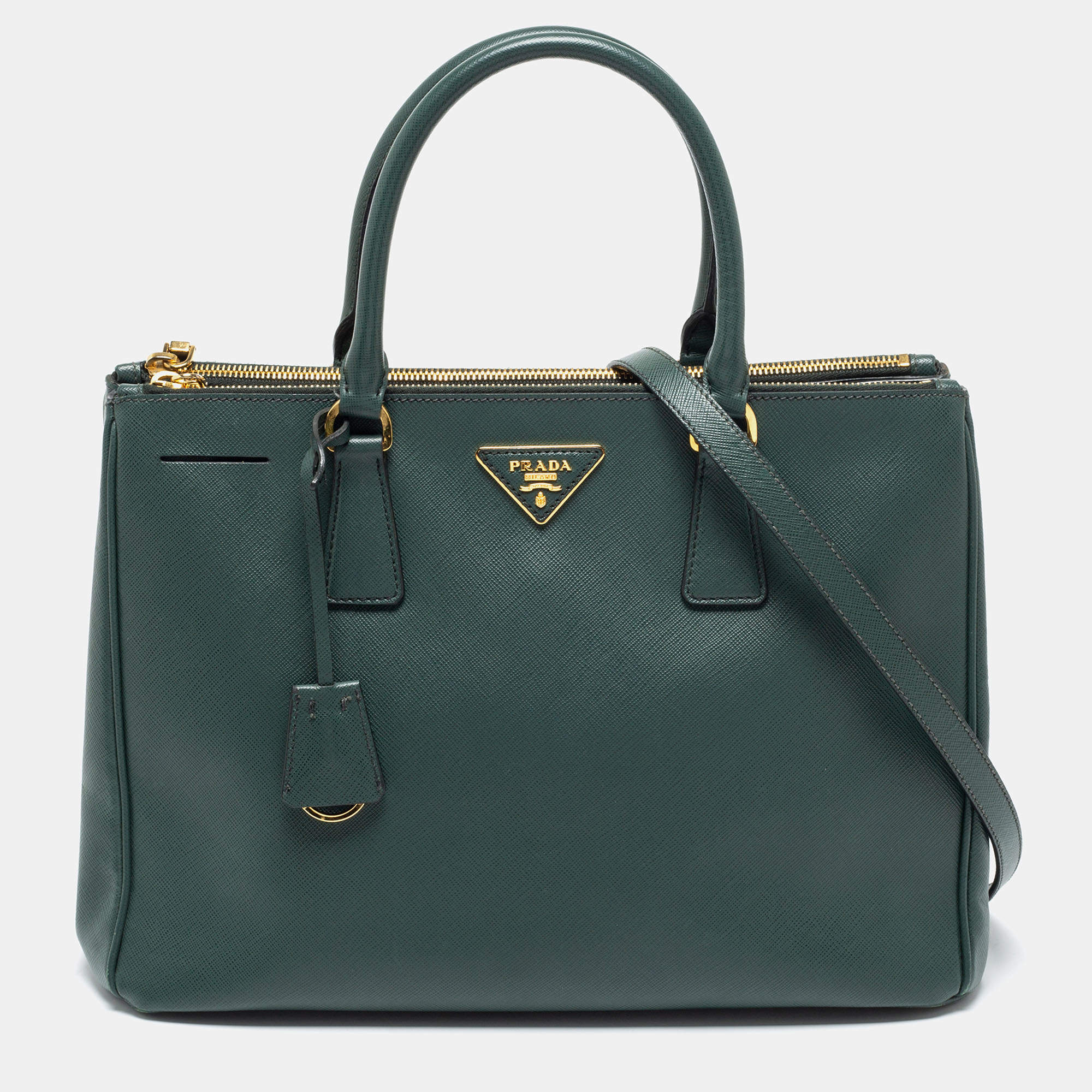 Pre Owned Prada Dark Green Saffiano Leather Medium Double Zip Tote