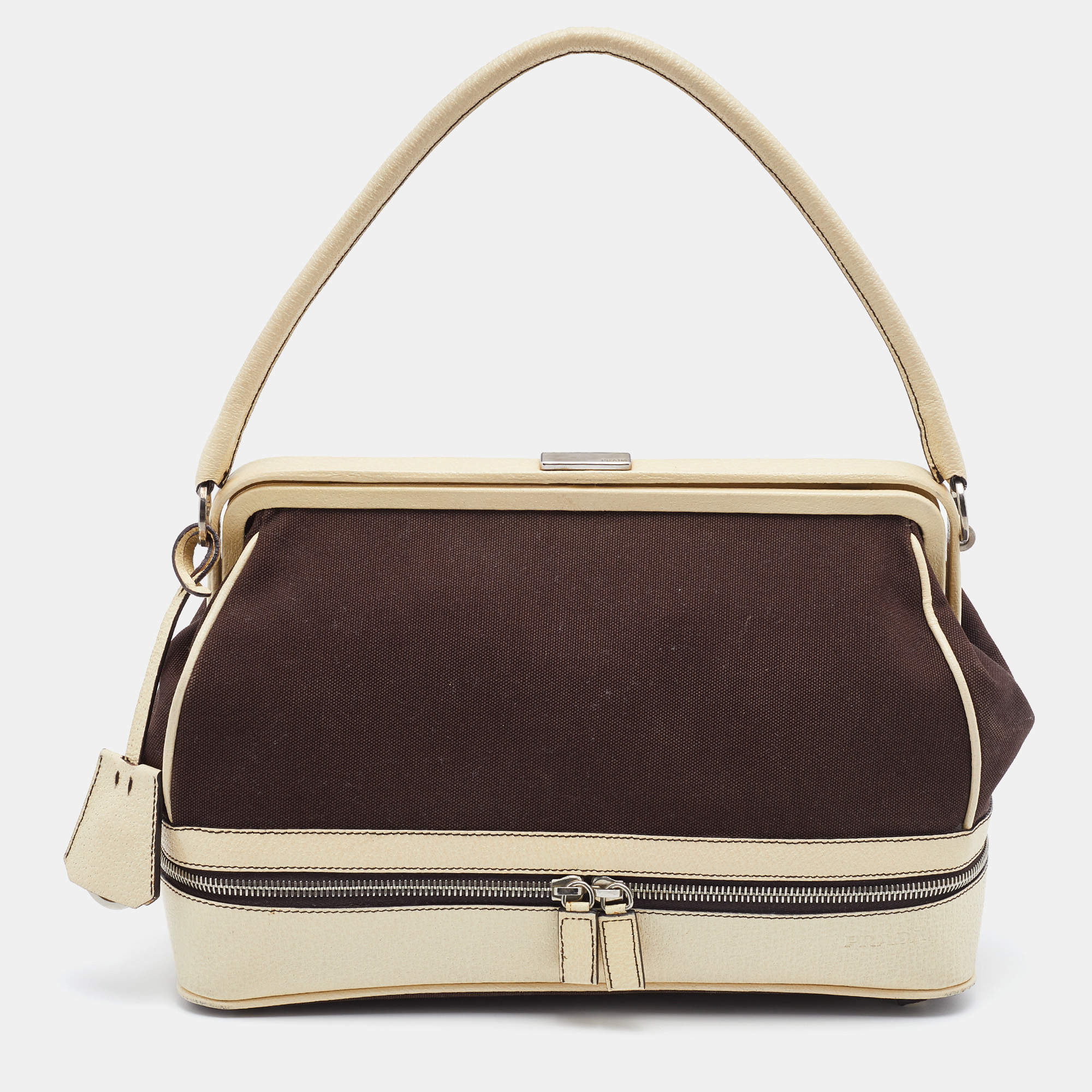 Pre Owned Prada Brown/Cream Canvas And Leather Frame Doctor's Bag