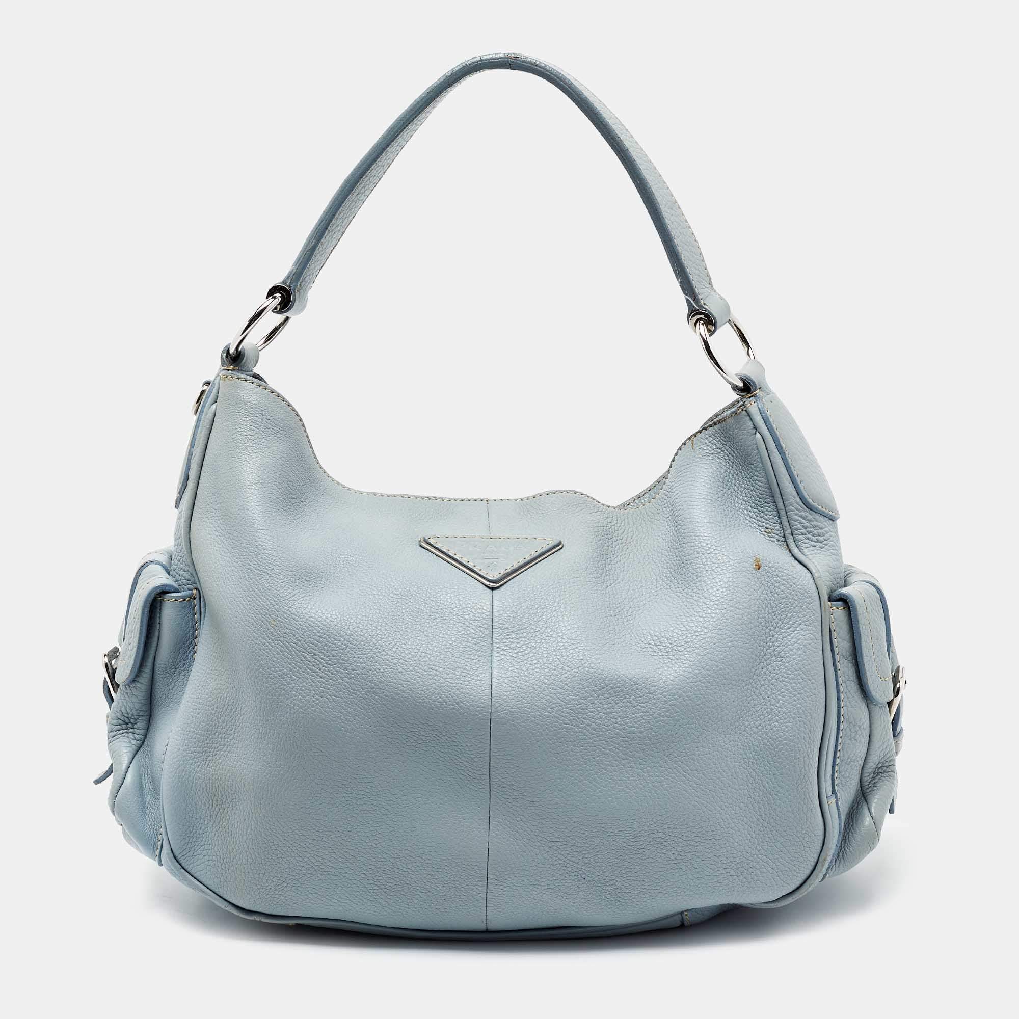Pre Owned Prada Blue Leather Vitello Daino Side Pocket Hobo