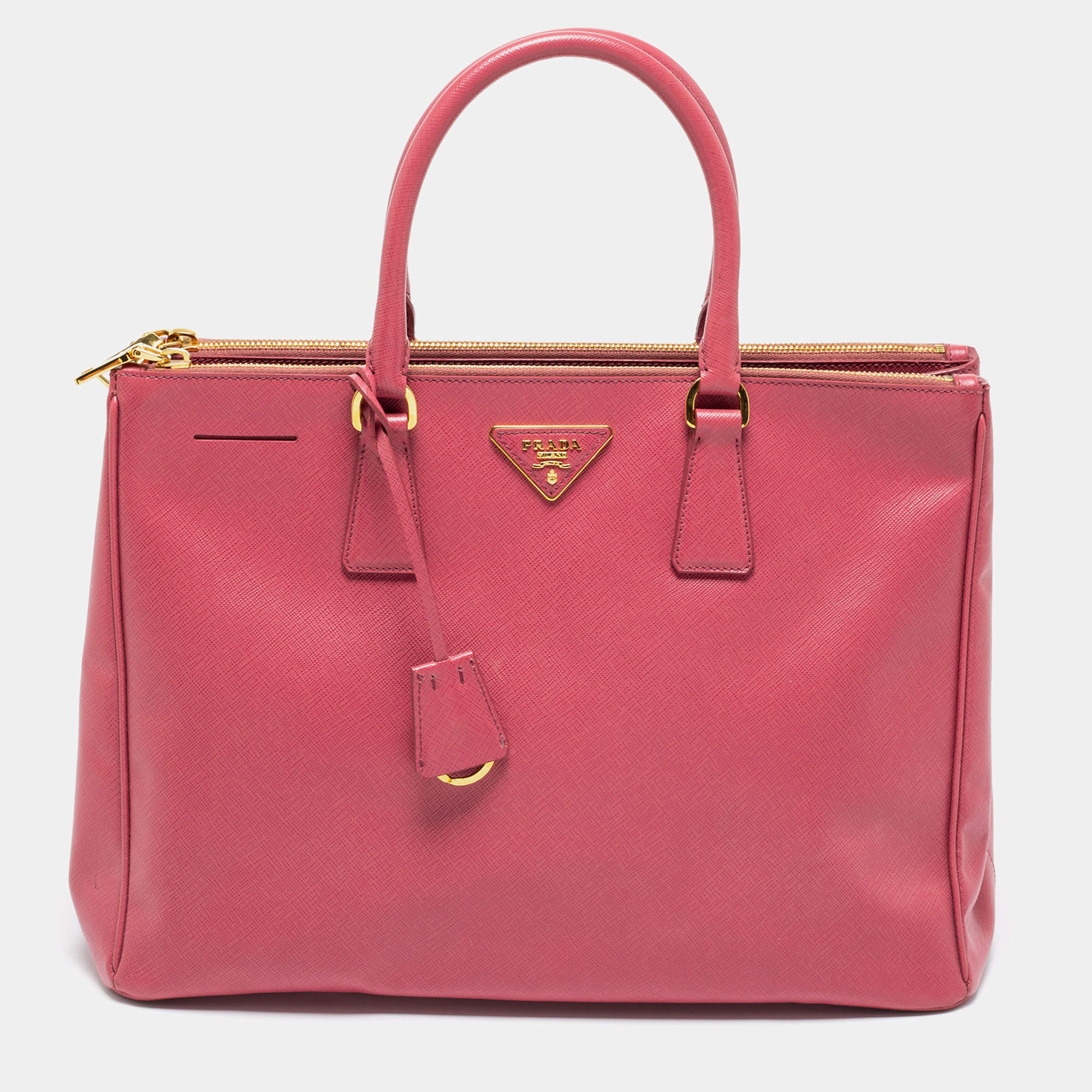Pre Owned Prada Old Rose Saffiano Lux Leather Large Double Zip Tote