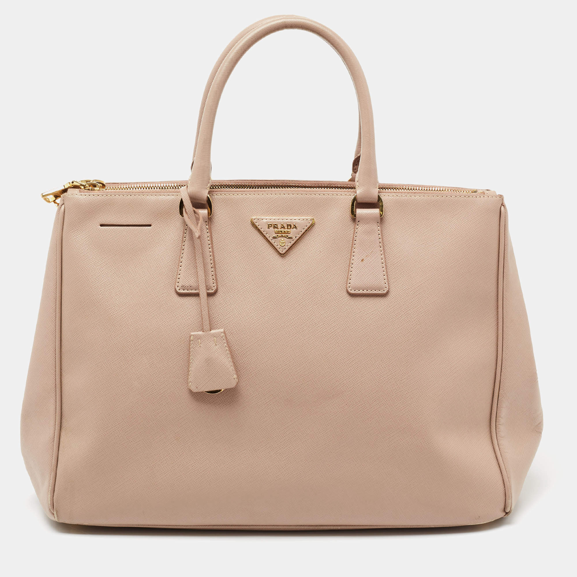 Pre Owned Prada Beige Saffiano Leather Double Zip Tote