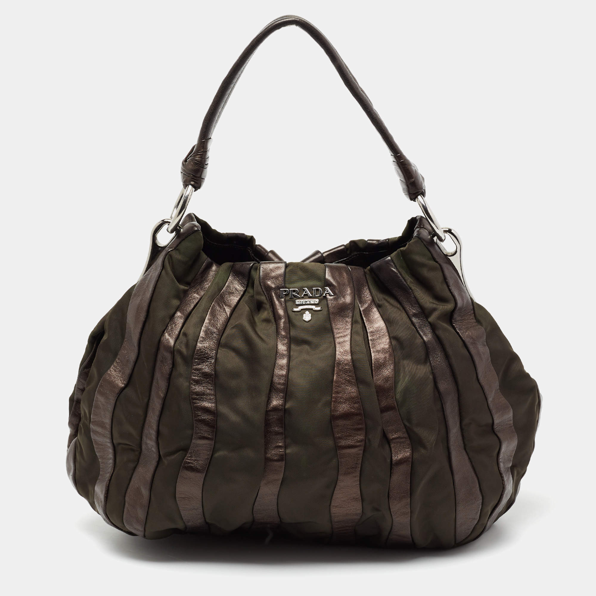 Pre Owned Prada Olive Green/Brown Leather And Nylon Tessuto Waves Hobo
