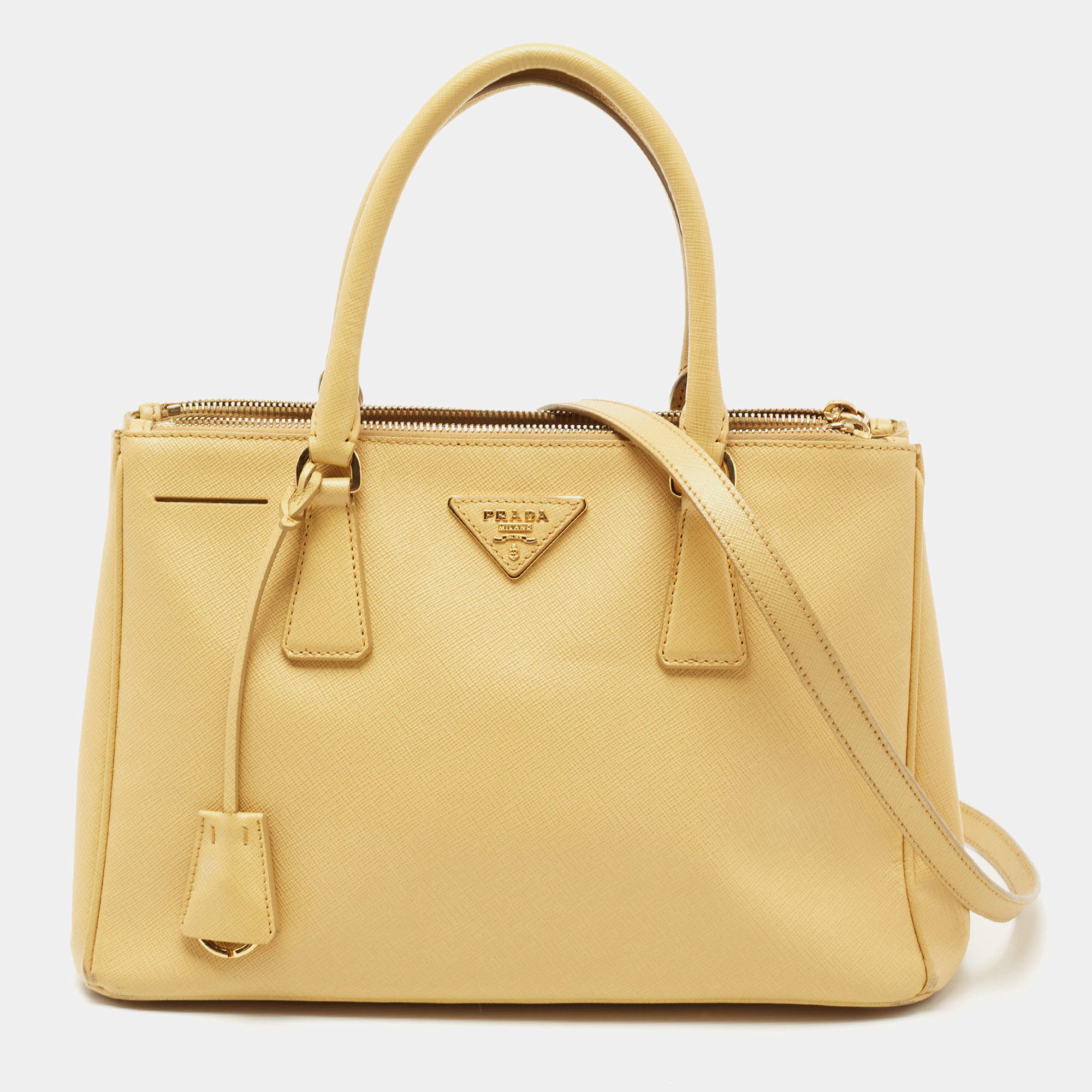 Pre Owned Prada Yellow Saffiano Lux Leather Small Galleria Double Zip Tote
