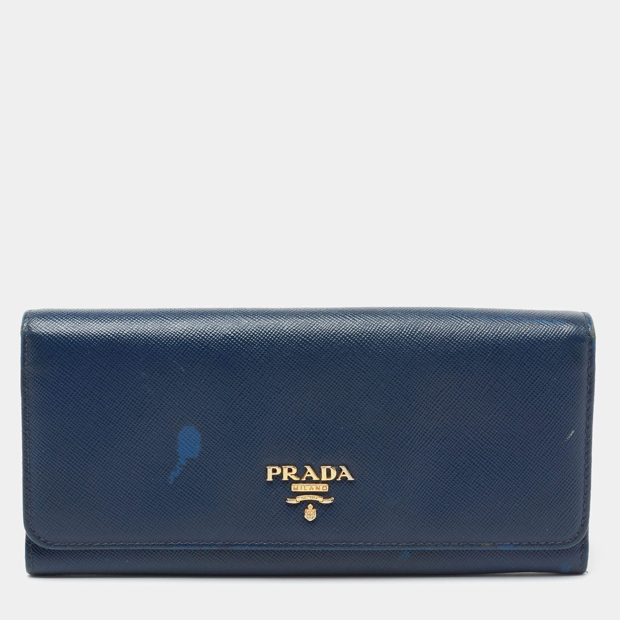 Pre Owned Prada Navy Blue Saffiano Metal Leather Logo Flap Continental Wallet