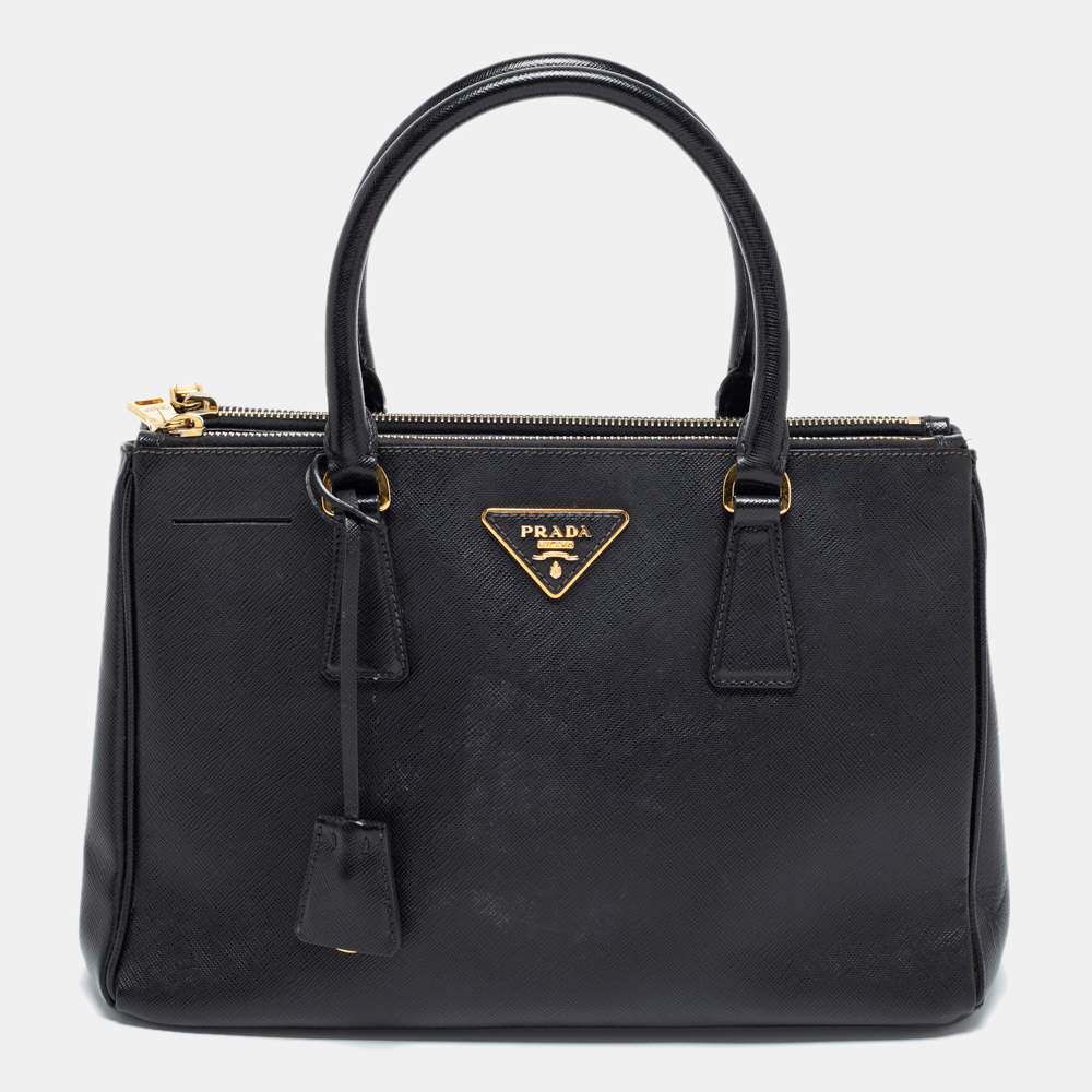 Pre Owned Prada Black Saffiano Leather Small Galleria Double Zip Tote