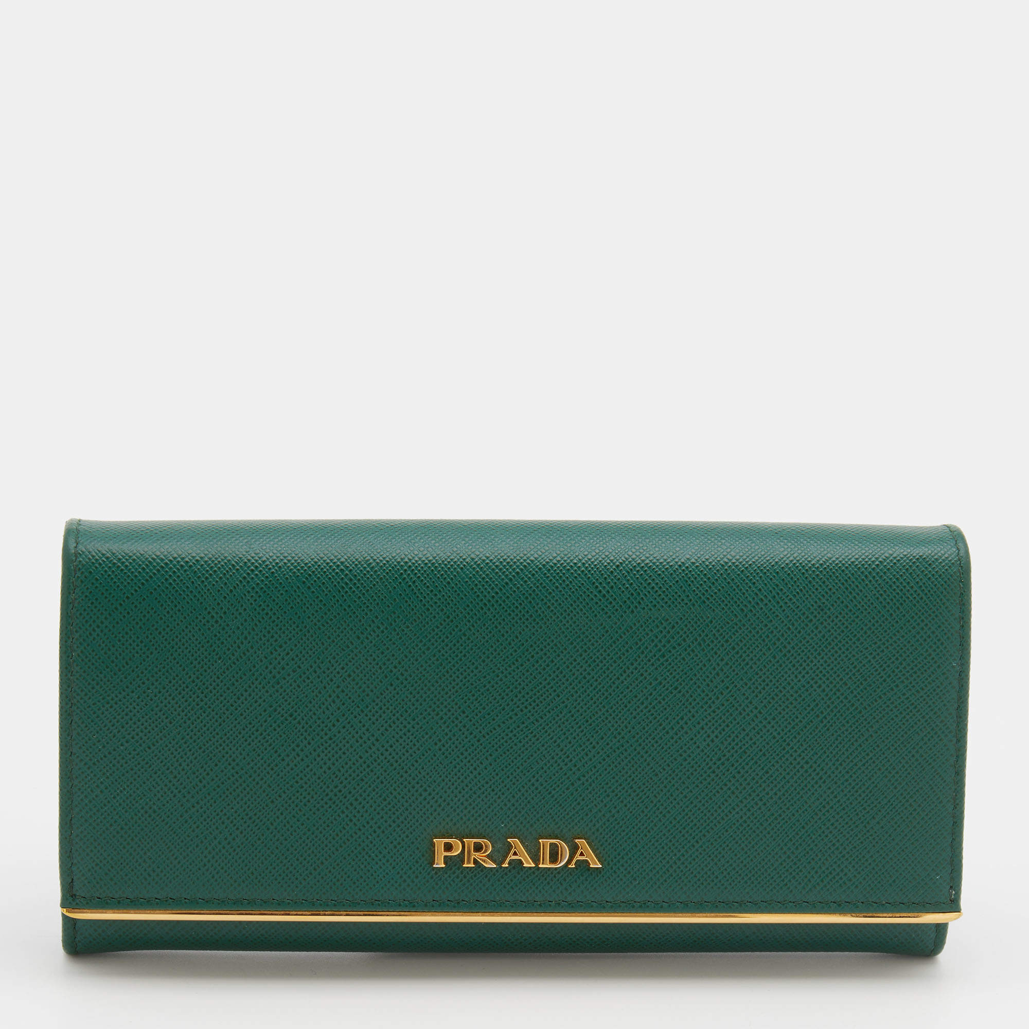 Pre Owned Prada Green Saffiano Leather Metal Bar Continental Wallet