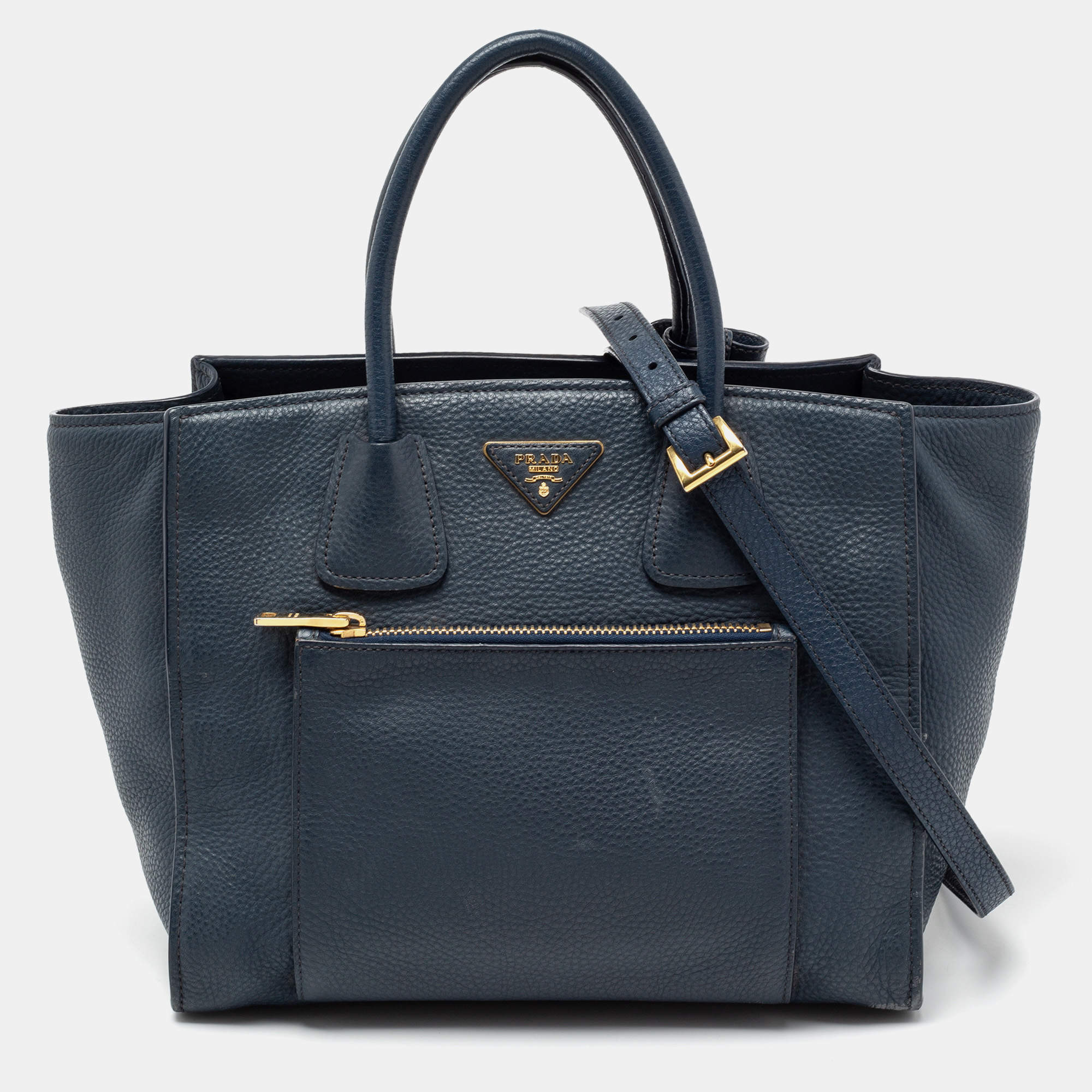 Pre Owned Prada Blue Leather Phenix Front Pocket Tote