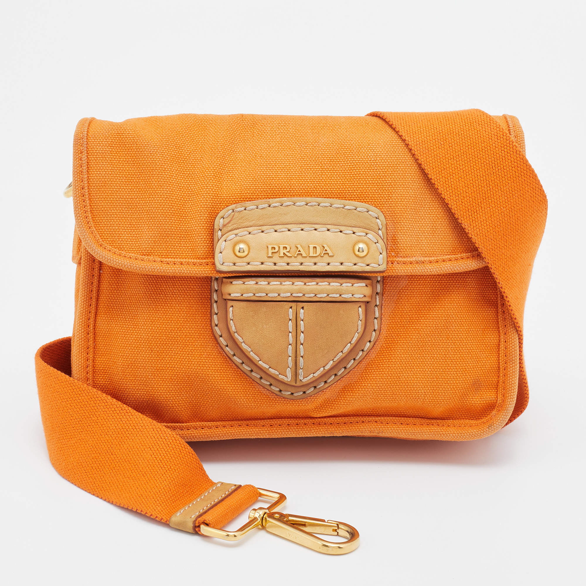 Prada Orange Canvas Flap Crossbody Bag