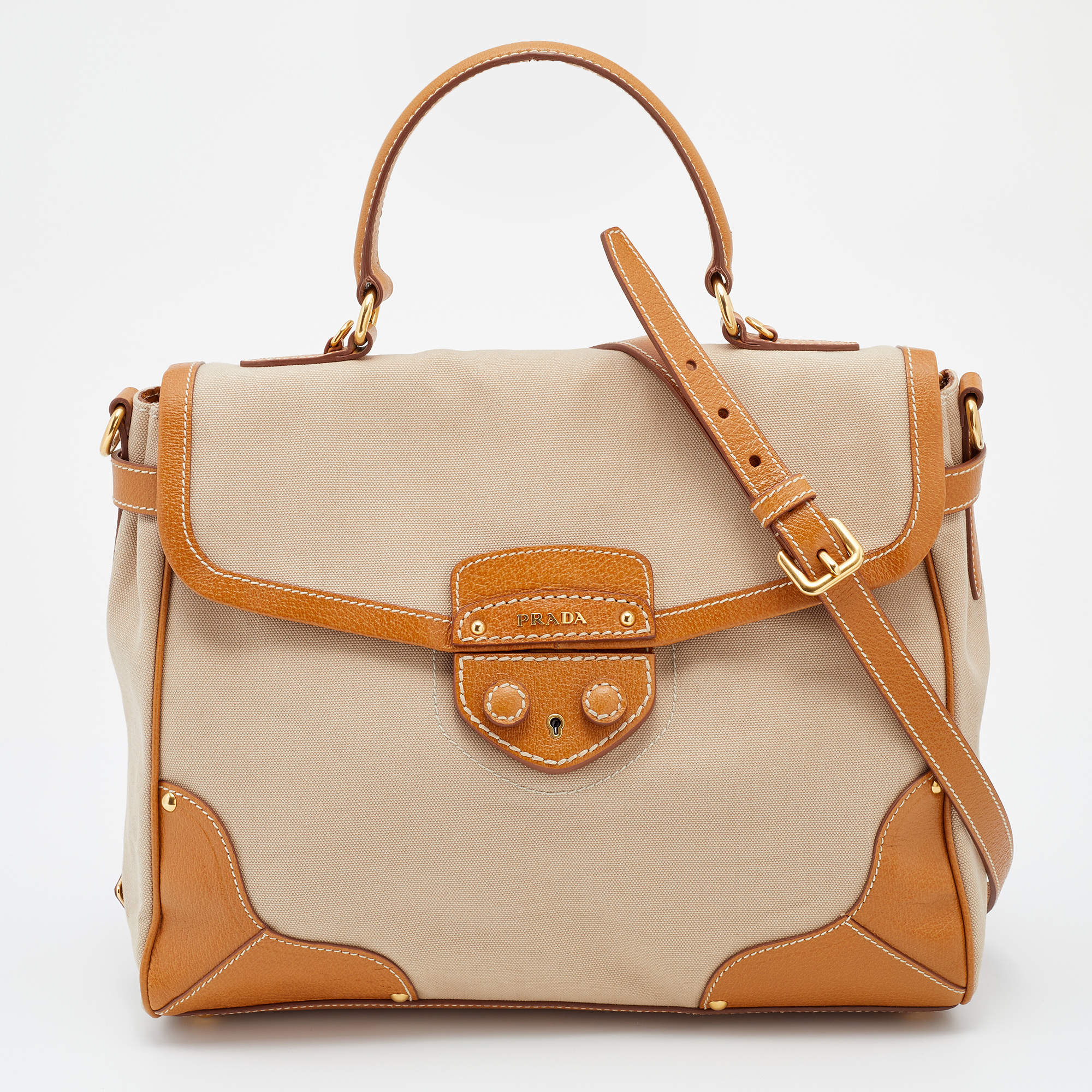 Pre Owned Prada Beige/Tan Canvas and Cinghiale Leather Top Handle Bag