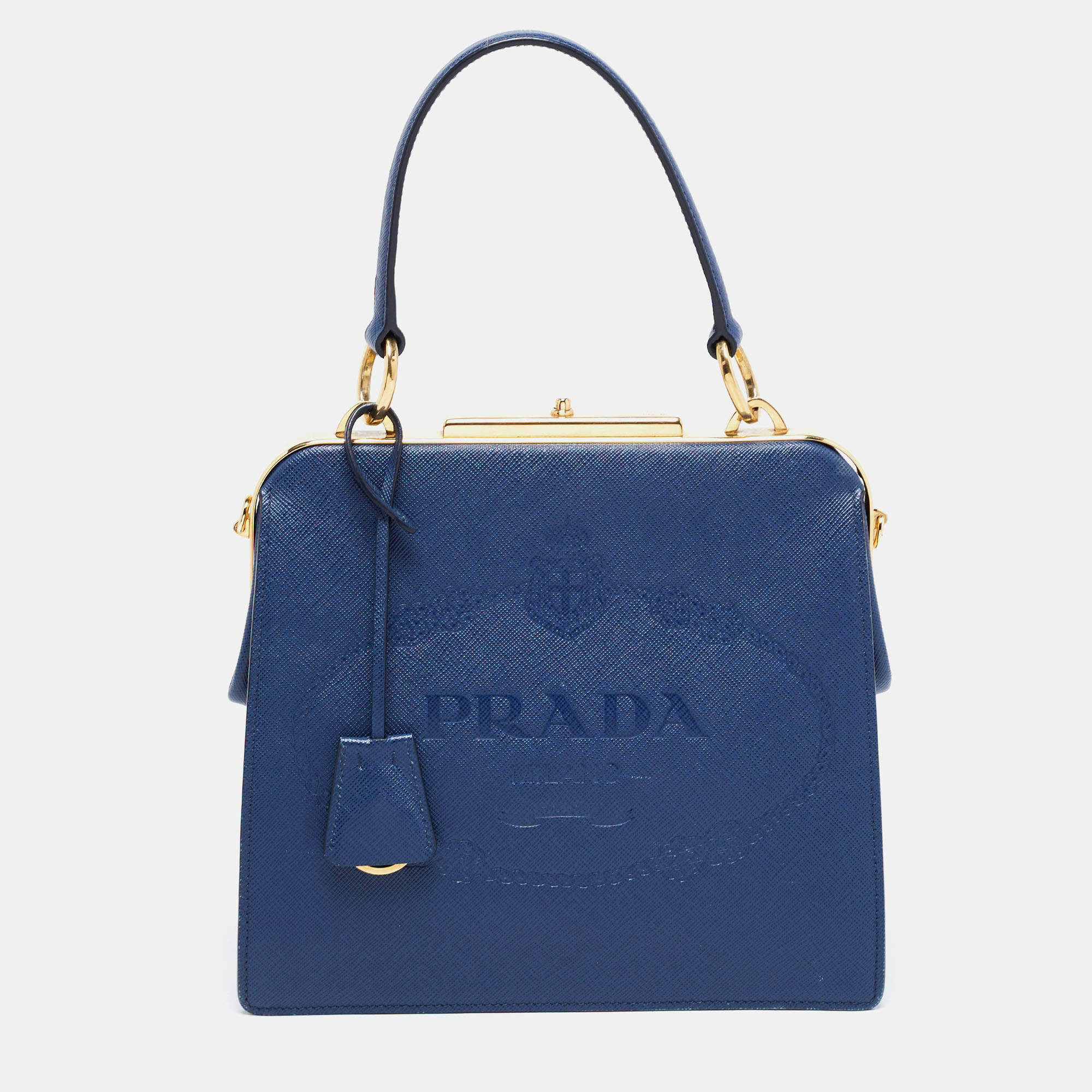 Pre Owned Prada Blue Logo Embossed Saffiano Lux Leather Frame Top Handle Bag