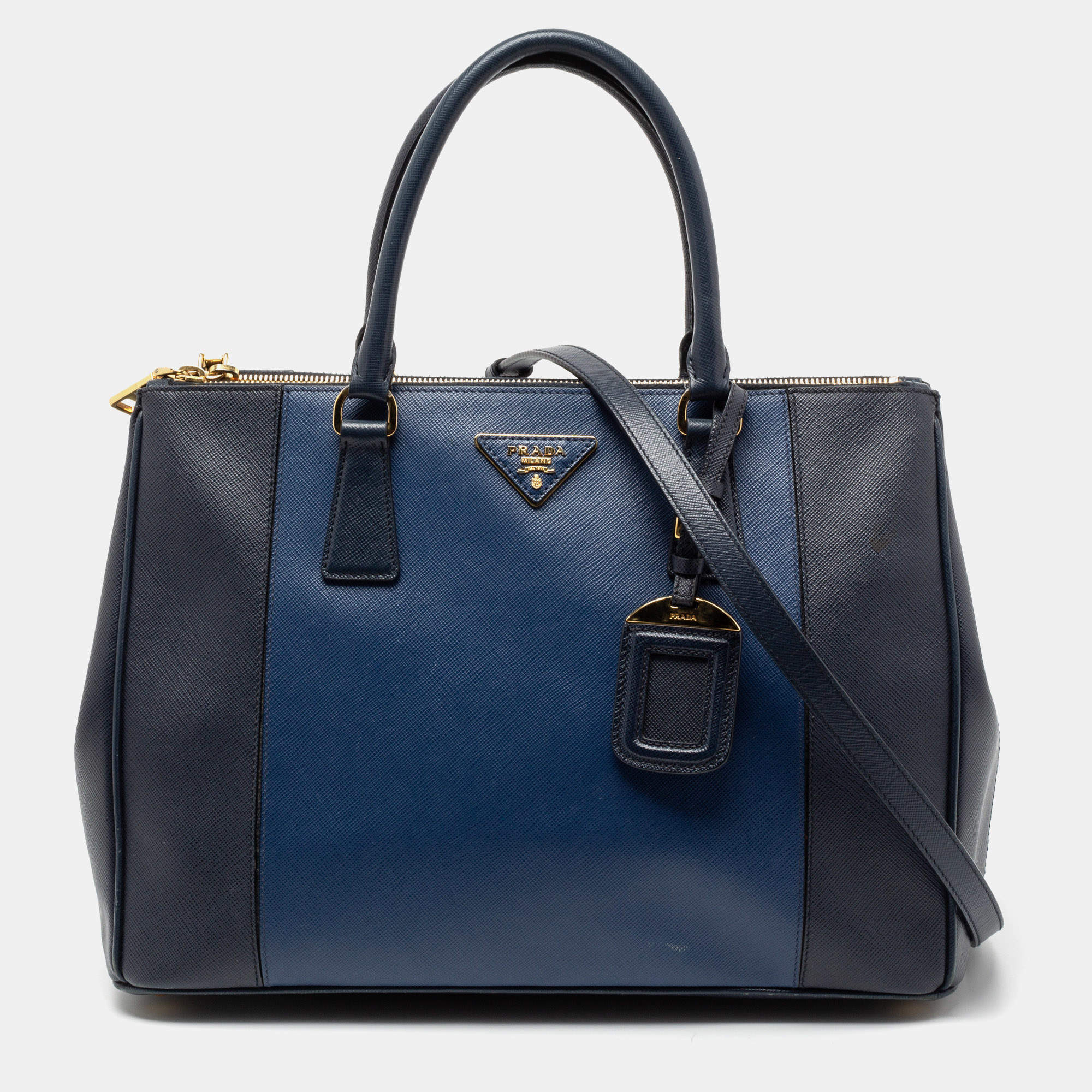 Pre Owned Prada Two Tone Saffiano Lux Leather Medium Double Zip Tote